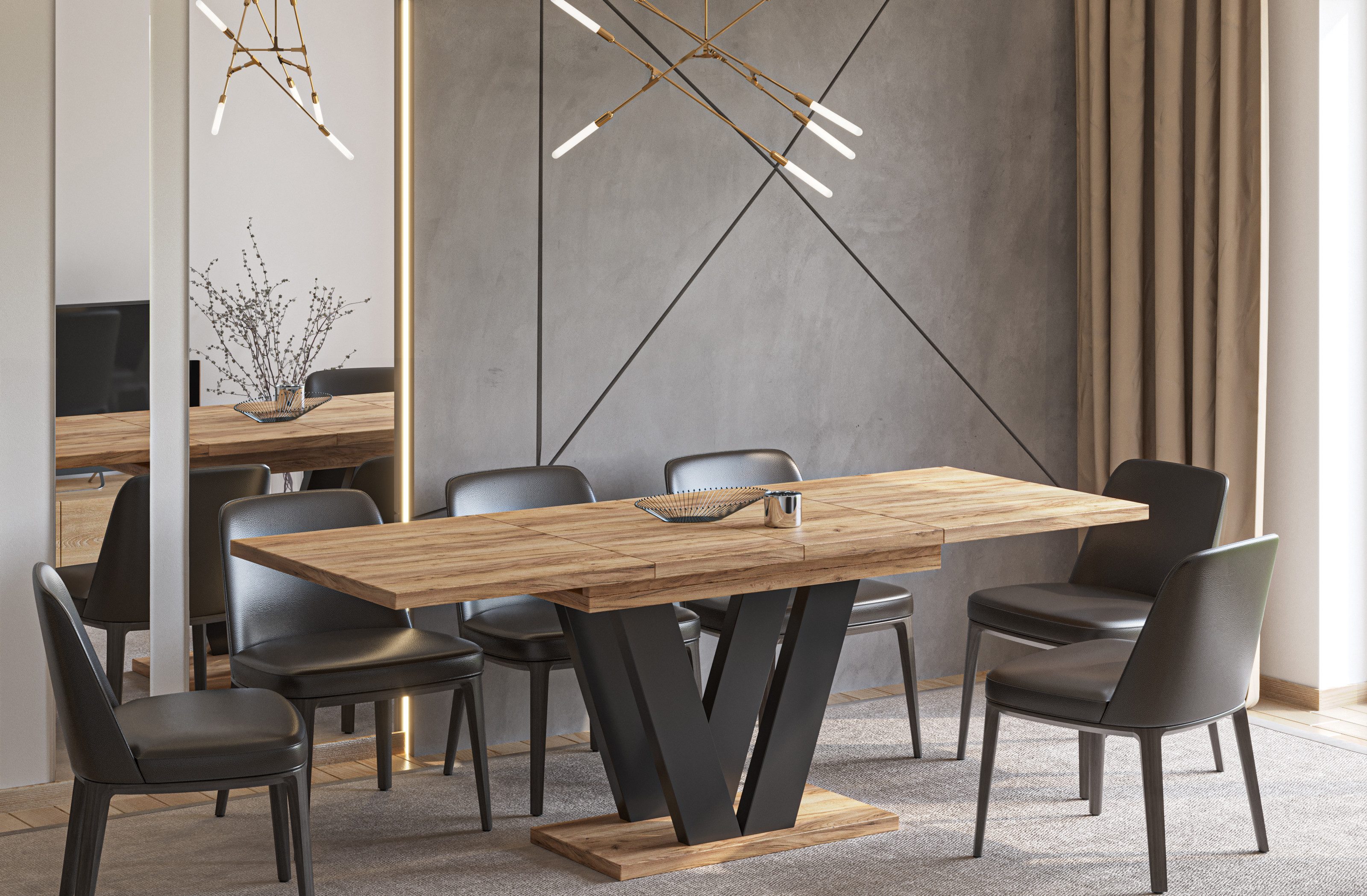 Endo-Moebel Esstisch Lara Esstisch 130–210cm ausziehbar für 8 Personen Tischbeine schwarz, Ausziehbar, Synchronauszug, Säulengestell, Erweiterungsplatten intern