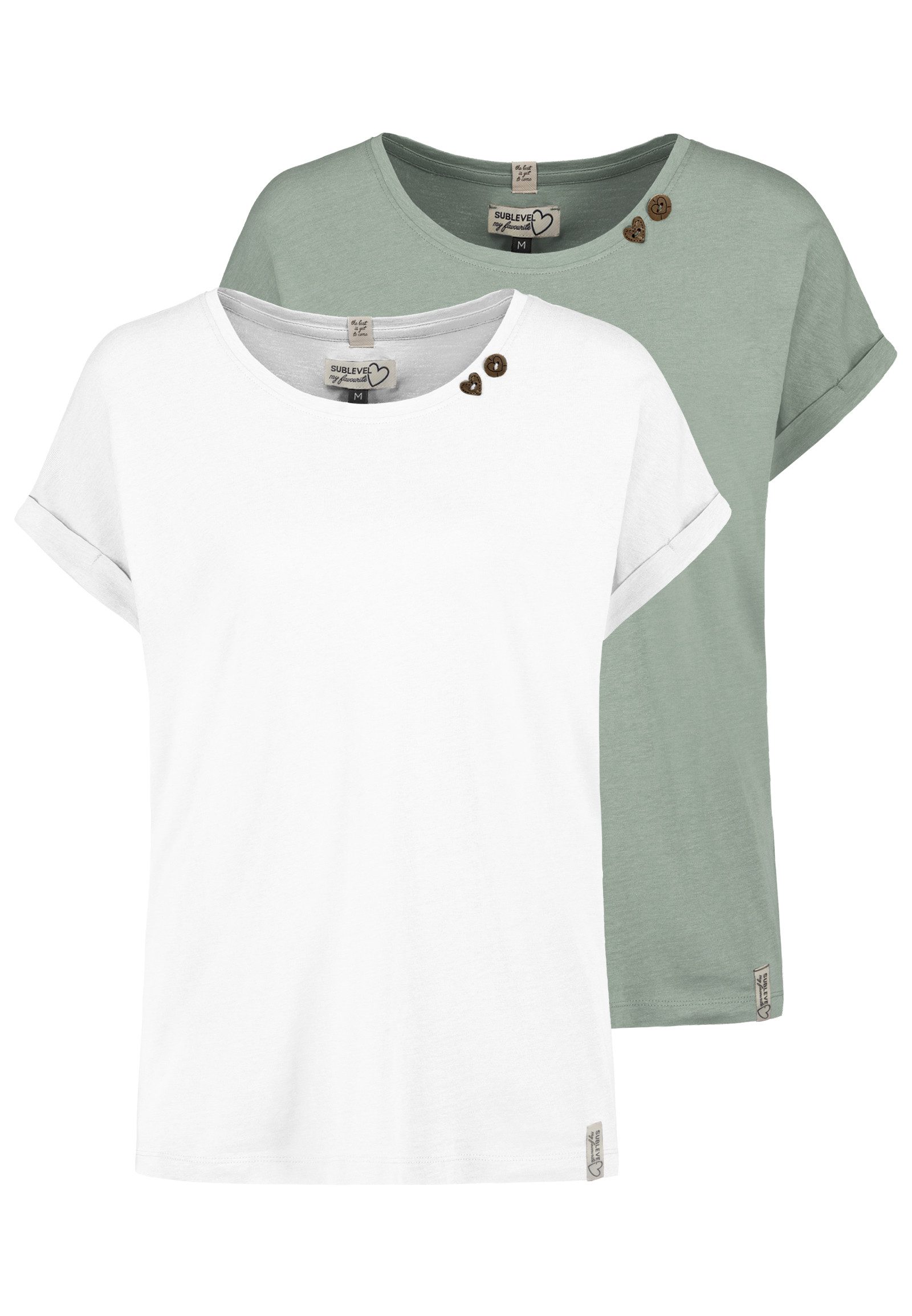 SUBLEVEL T-Shirt 2er Pack mit Herzknöpfen, Umschlagsaum, Labeldetails (2-tlg) D12041AH02460E_T-shirts