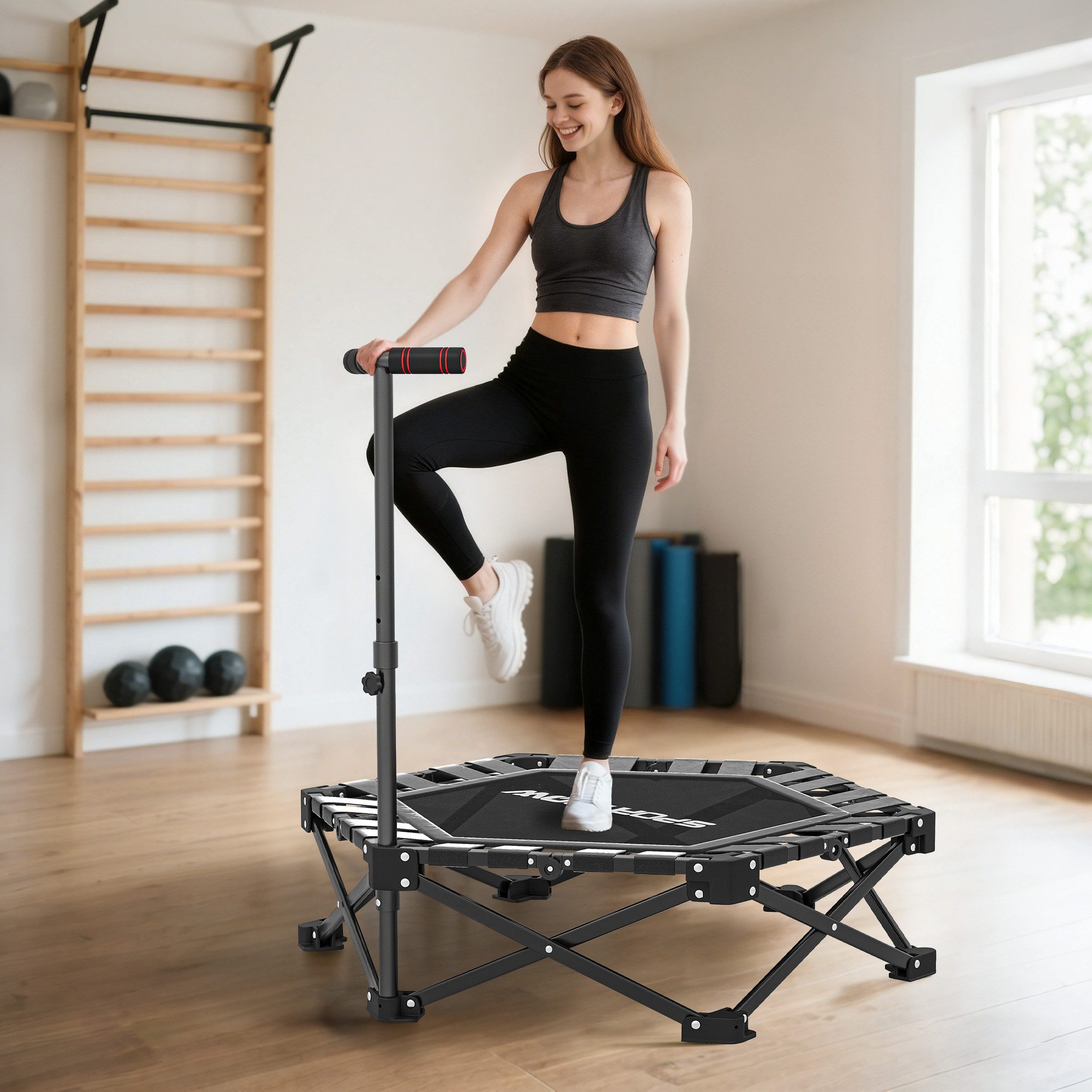 SPORTNOW Fitnesstrampolin mit 3 Fach Höhenverstellbar Haltegriff, Tragtasche, Ø 104 cm, (Mini Trampoline, 1 tlg., leise Trampolin), 120kg Belastbar, für Indoor Outdoor Jumping