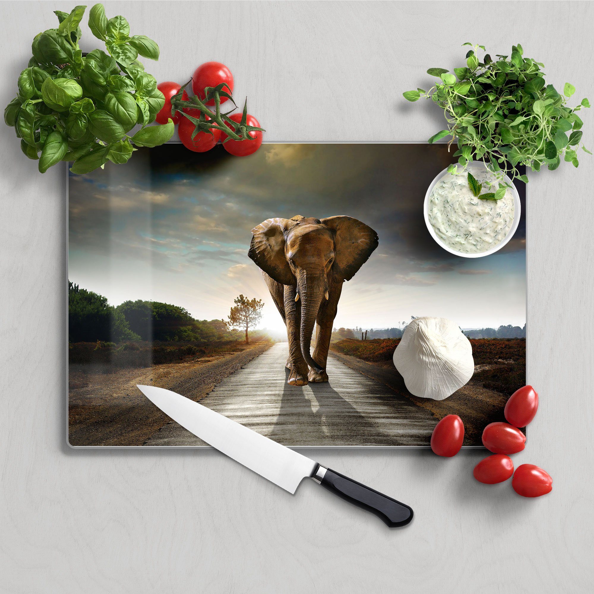 'Elefant Platte Frühstücksbrett Schneideplatte auf Glas, Asphalt', DEQORI Schneidebrett