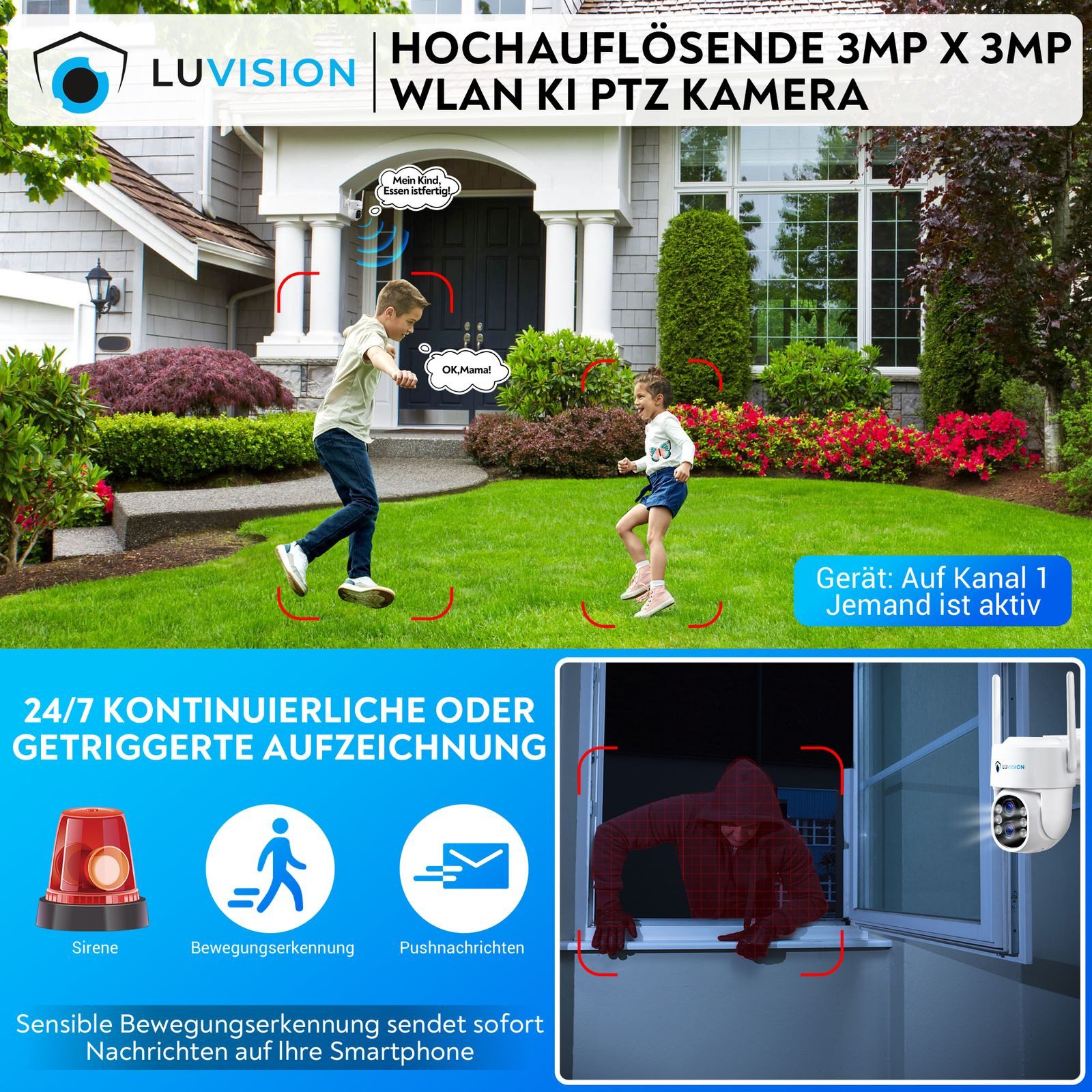 LUVISION Überwachungskamera PJ2131-W6 (Außen- und Innenbereich, 1-tlg., WLAN Funk PTZ Überwachungskamera KI Autotracking Wifi 6 Dual Linse, Menschenerkennung, Nachtsicht Farbe, Gegensprechfunktion)