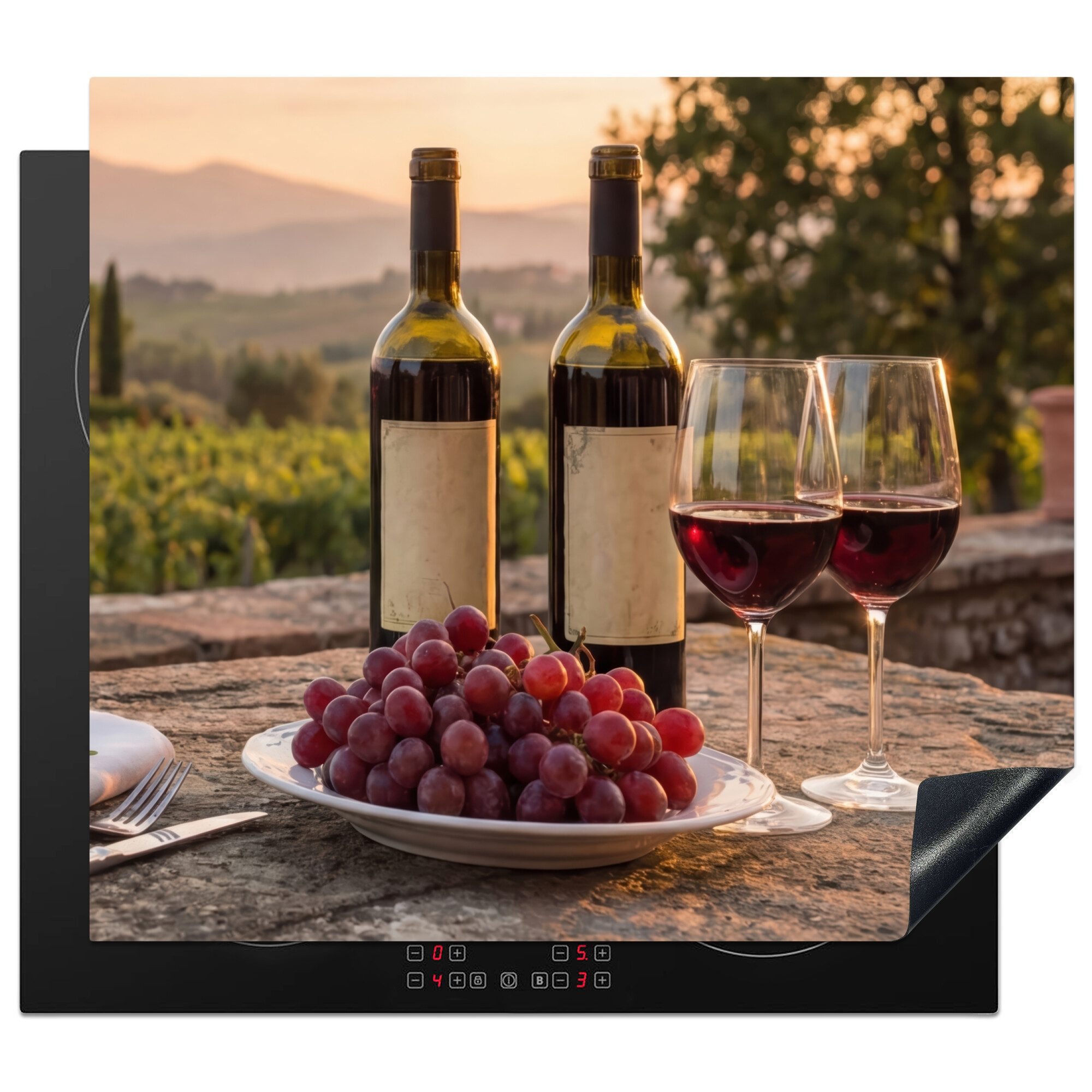 MuchoWow Herd-Abdeckplatte Wein - Gläser - Trauben - Weinberg, Vinyl, (1 tlg), Ceranfeldabdeckung Küche, Herdabdeckplatte Einteilig, 60x52 cm