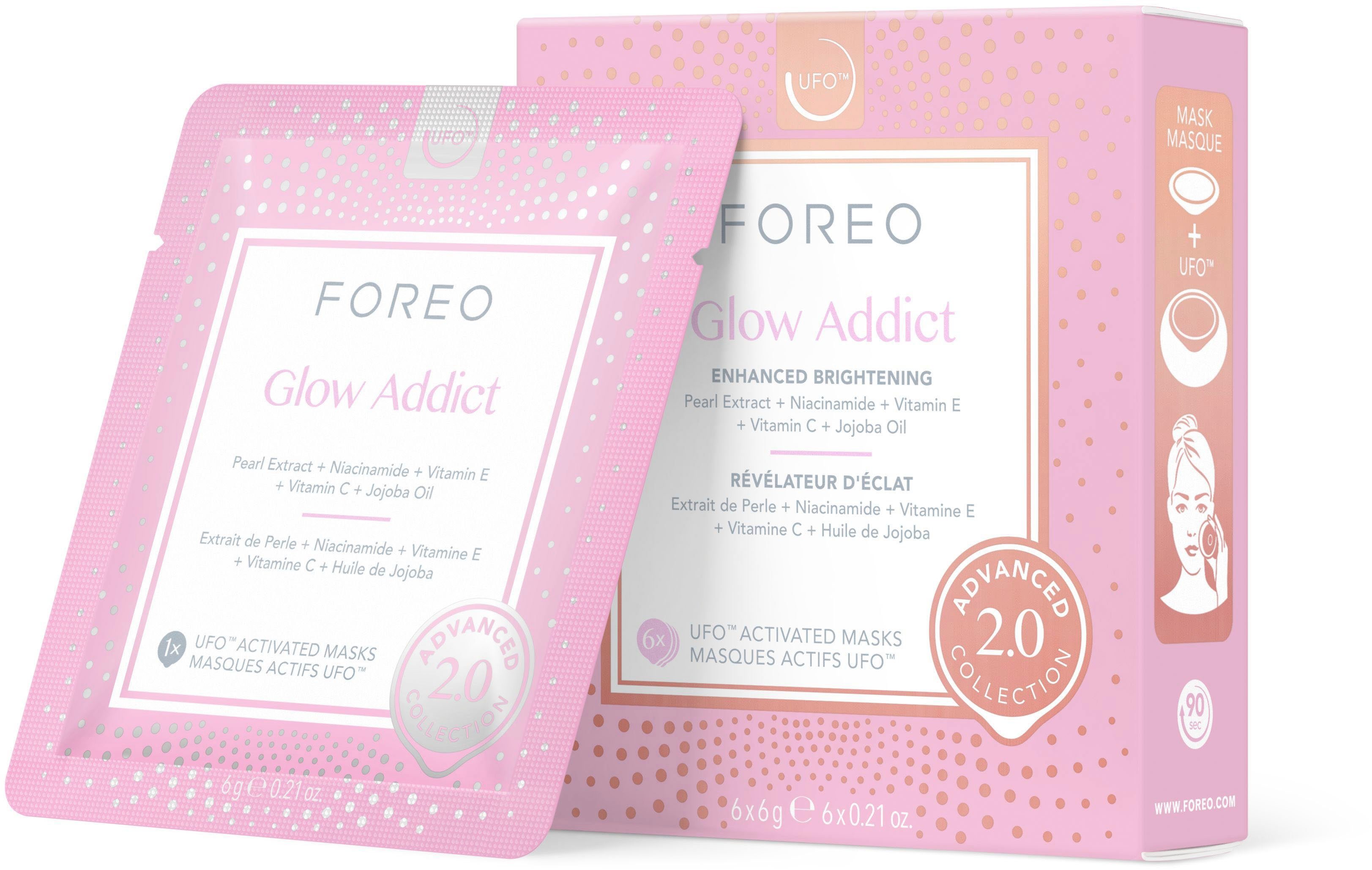 FOREO Gesichtsmaske UFO™ Mask Glow Addict 2.0 Packung, 6-tlg., komptibel mit UFO™ & UFO™ mini