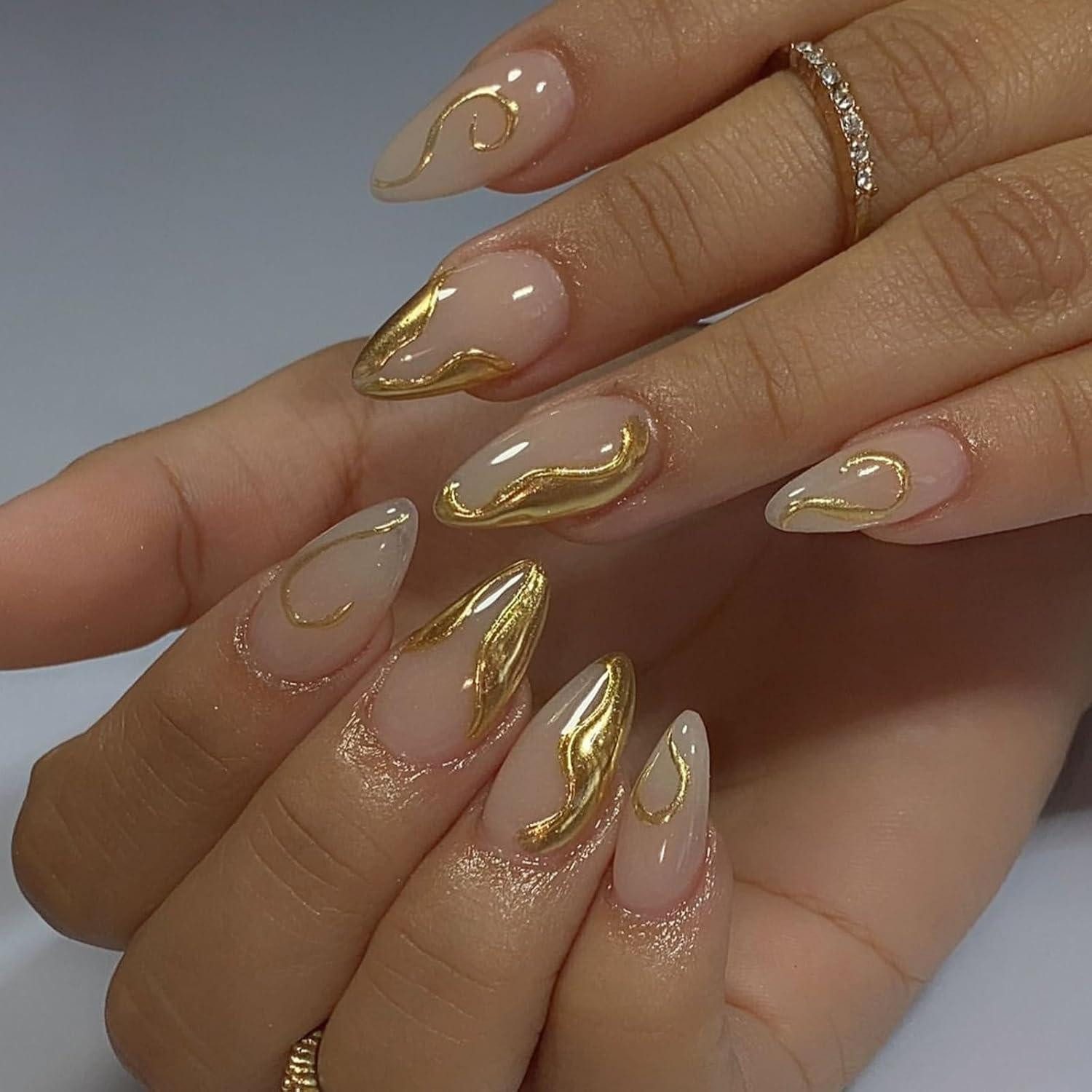 LuxusKollektion Kunstfingernägel Künstliche Fingernägel 24 Stück Mandel Acryl Beige Rosa Gold Streifen