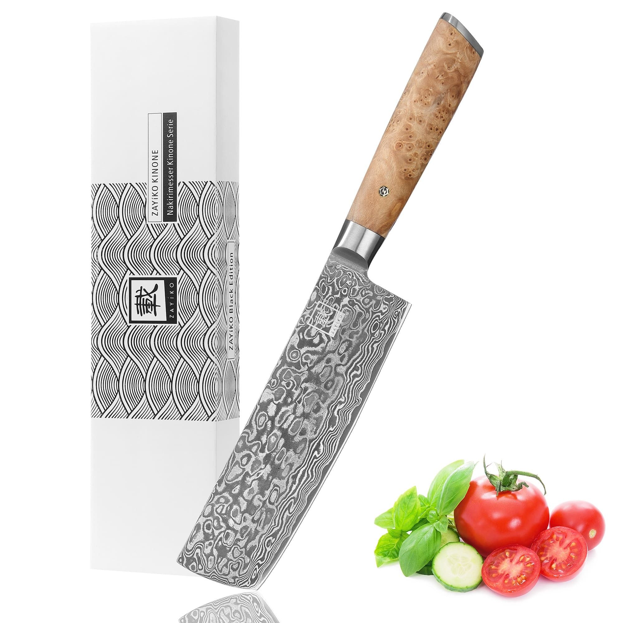 ZAYIKO Asiamesser Kinone Damast Nakiri Küchenmesser 17,5cm Klinge Wurzelholzgriff, schwarzer Damaststahl, VG10-Kern