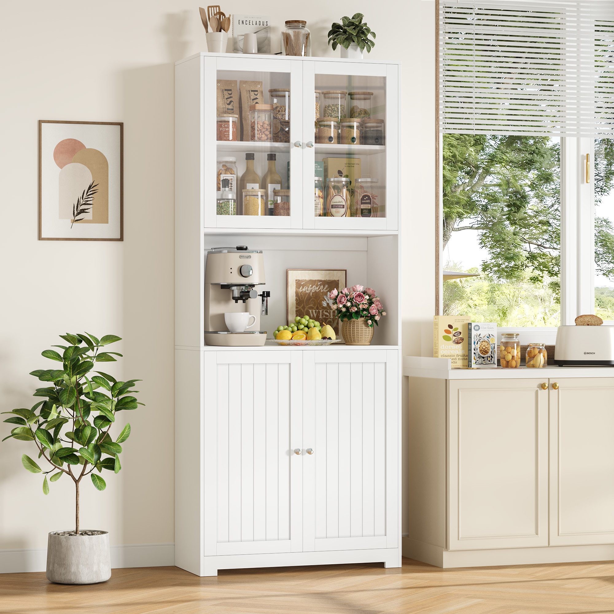 Homfa Vitrine Vitrinenschrank Buffetschrank Bücherregal mit Türen Küchenbuffet mit Arbeitsplatte, 80 x 32 x 198 cm – Bild 4 von 5