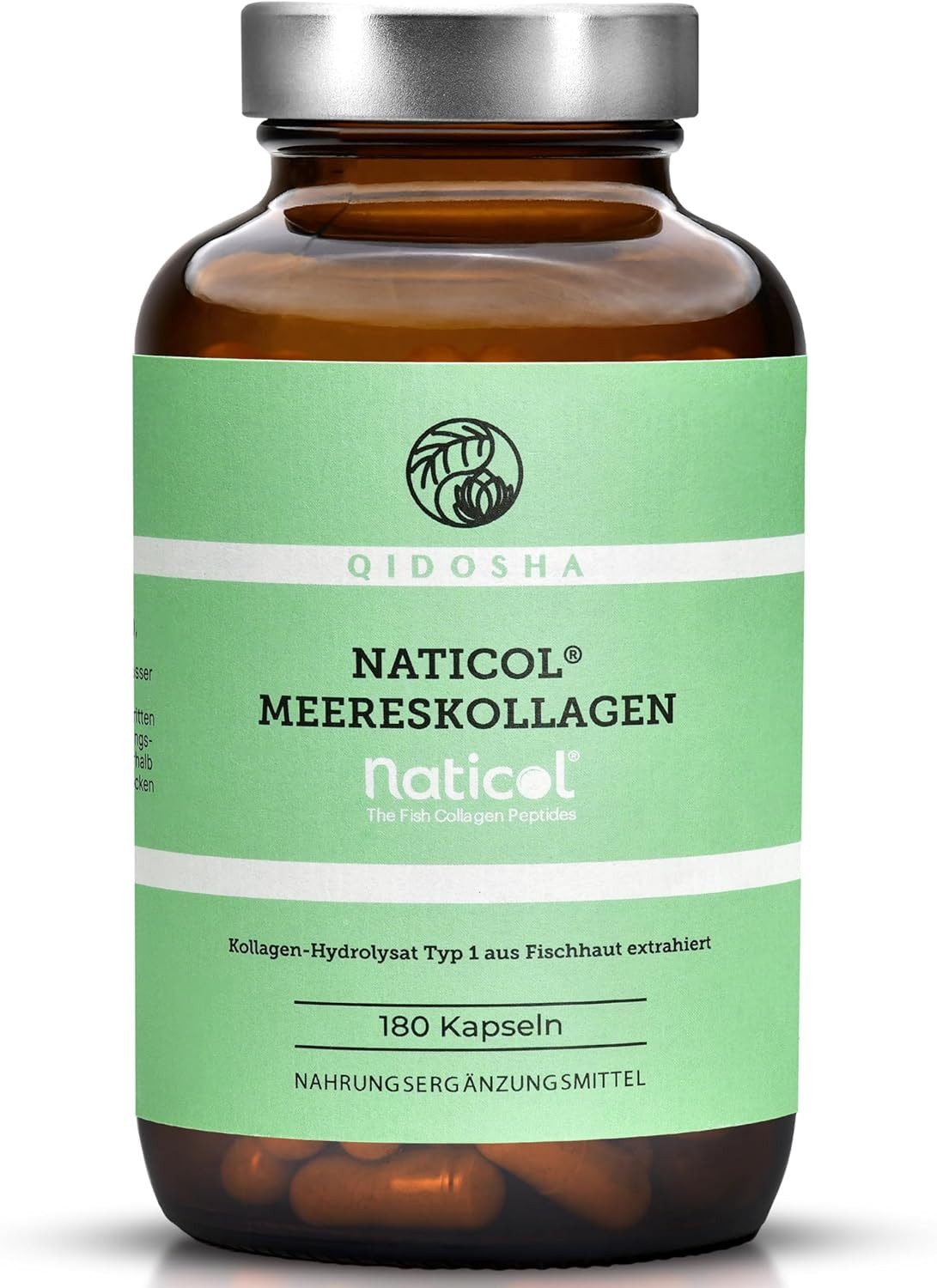 QIDOSHA Naticol® Meereskollagen Kapseln, 180 Stk im Apothekerglas, Marine Kollagen, Meereskollagen Hydrolysat Typ1, reines Kollagen Protein, Nautical Collagen, deutsche Fertigung à 180 St., 103 g, Laboren geprüft & Made in Germany