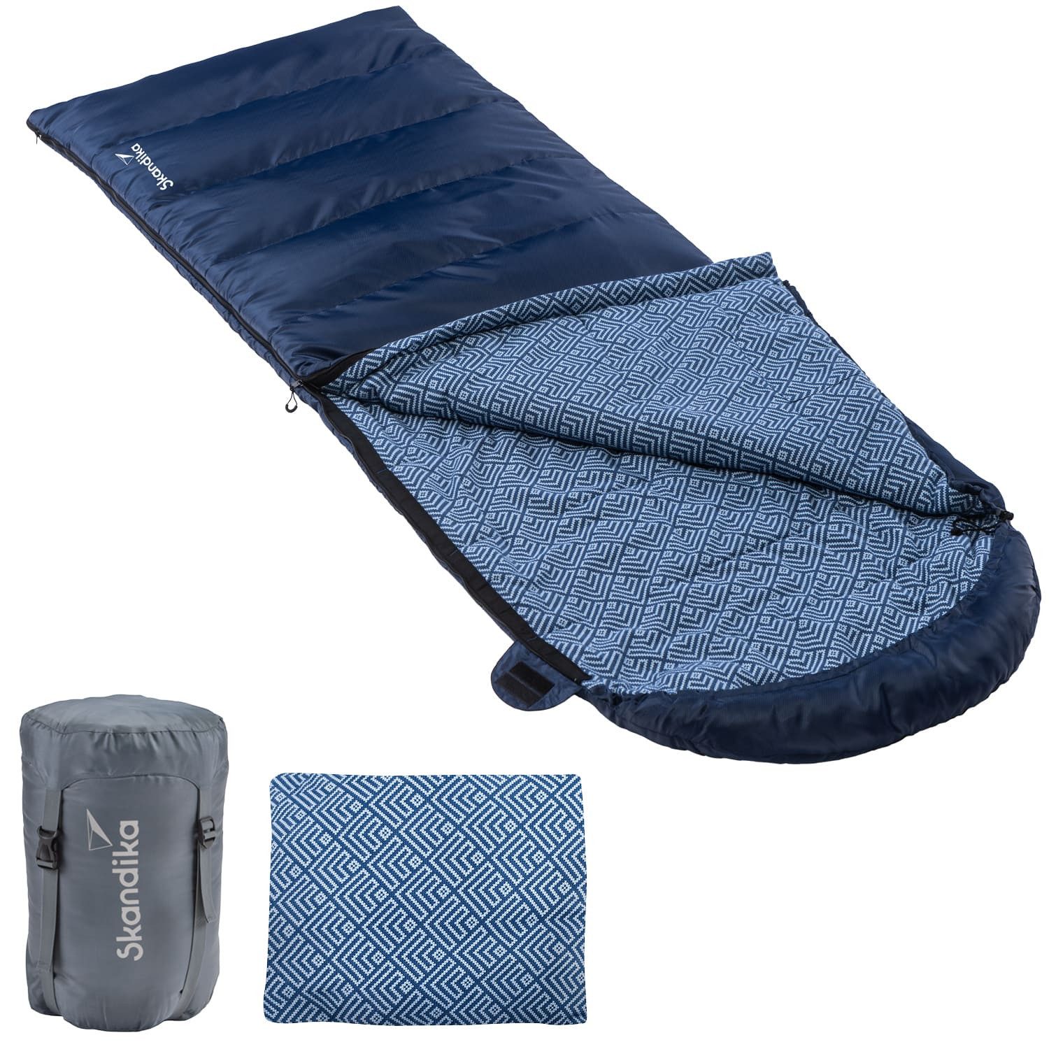 Skandika Deckenschlafsack Dundee + Kopfkissen, 3 Jahreszeiten, bis -20°C - 220x80cm, Koppelbar, Innenfutter aus Baumwolle/Flanell, Kompressionssack, Waschbar