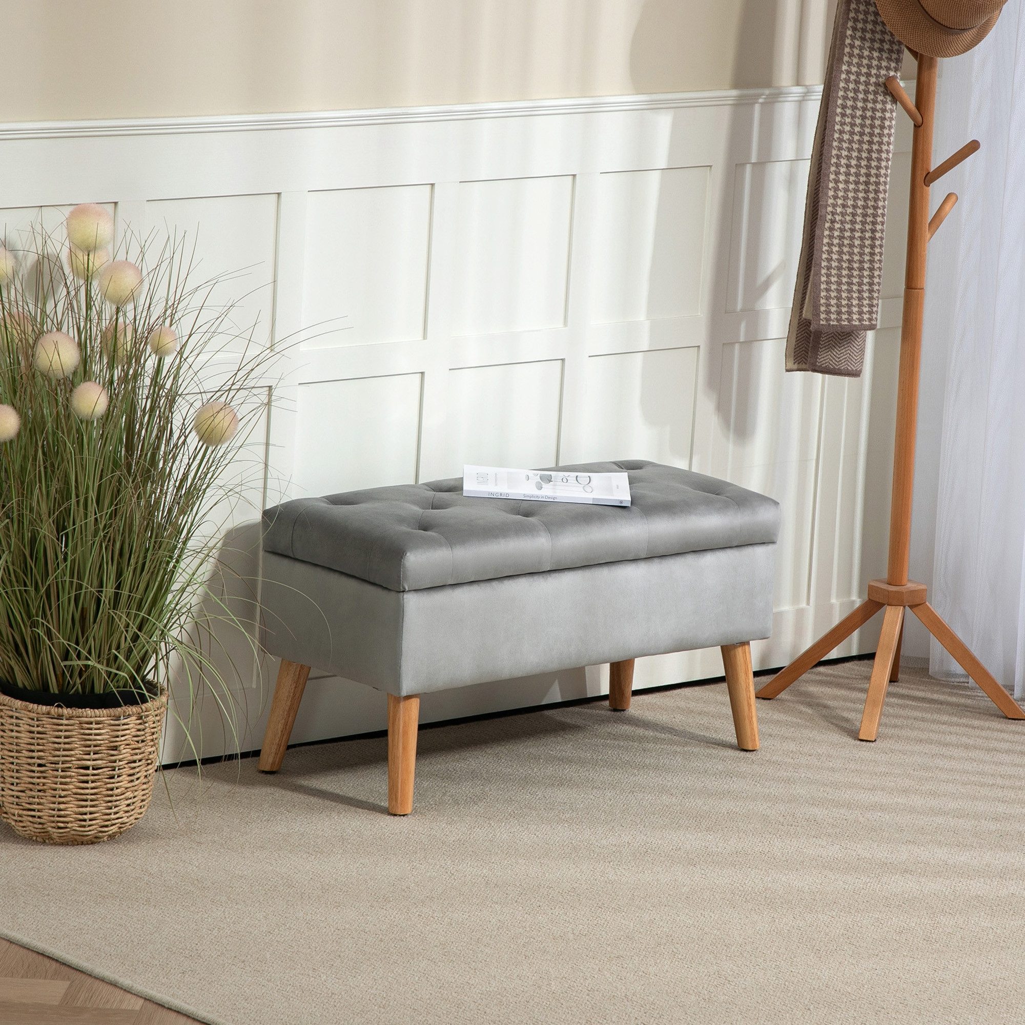 HOMCOM Sitzbank Polsterbank mit Deckel, Bettbank mit Samtoptik (Truhenbank, 1-St., Polsterbank), für Flur Schlafzimmer Wohnzimmer, Gummiholz 80 x 35 x 42 cm Grau