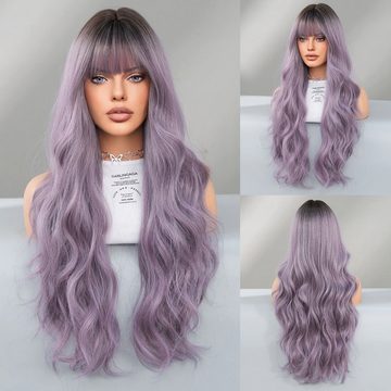 AUKUU Kostüm-Perücke Perücke weiblich grau lila langes lockiges Haar, gefärbt modische Perücke auf dem Kopf