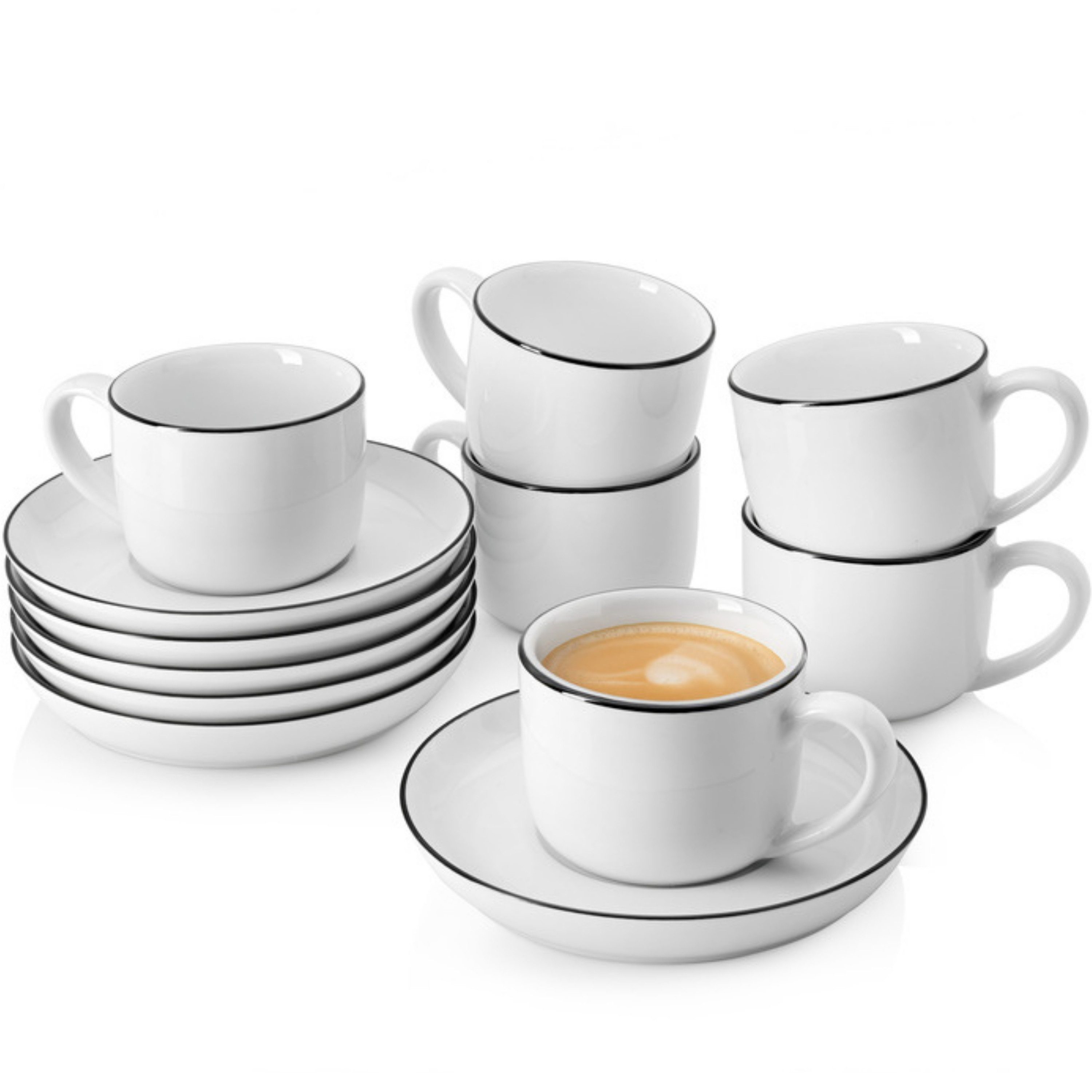 SÄNGER Кофейный сервиз Marlo Kaffeetassen Set (12-tlg), 6 Personen, Porzellan, Weiß mit schwarzen Akzenten, Black Rim, Premium Collection