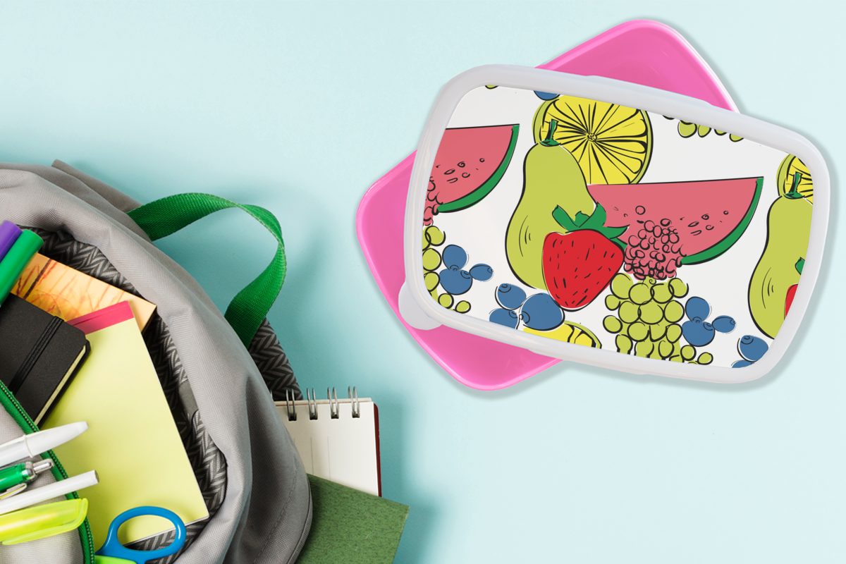 MuchoWow Lunchbox rosa Kinder, - Cartoon Brotdose (2-tlg), Kunststoff, Erwachsene, Muster, Mädchen, Obst Kunststoff Brotbox für Snackbox, 