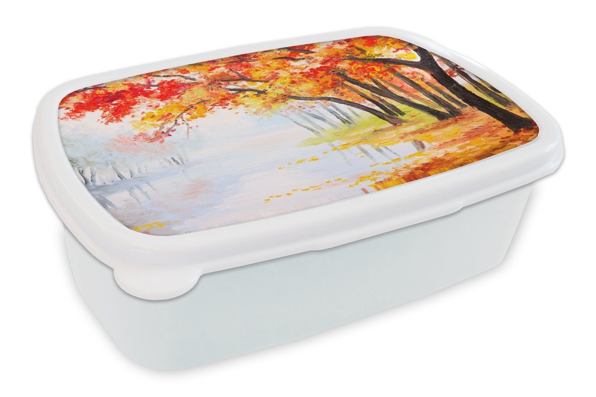 MuchoWow Lunchbox Gemälde - Herbst - Bäume - Wasser - Ölfarbe, Kunststoff, (2-tlg), Brotbox für Kinder und Erwachsene, Brotdose, für Jungs und Mädchen weiß