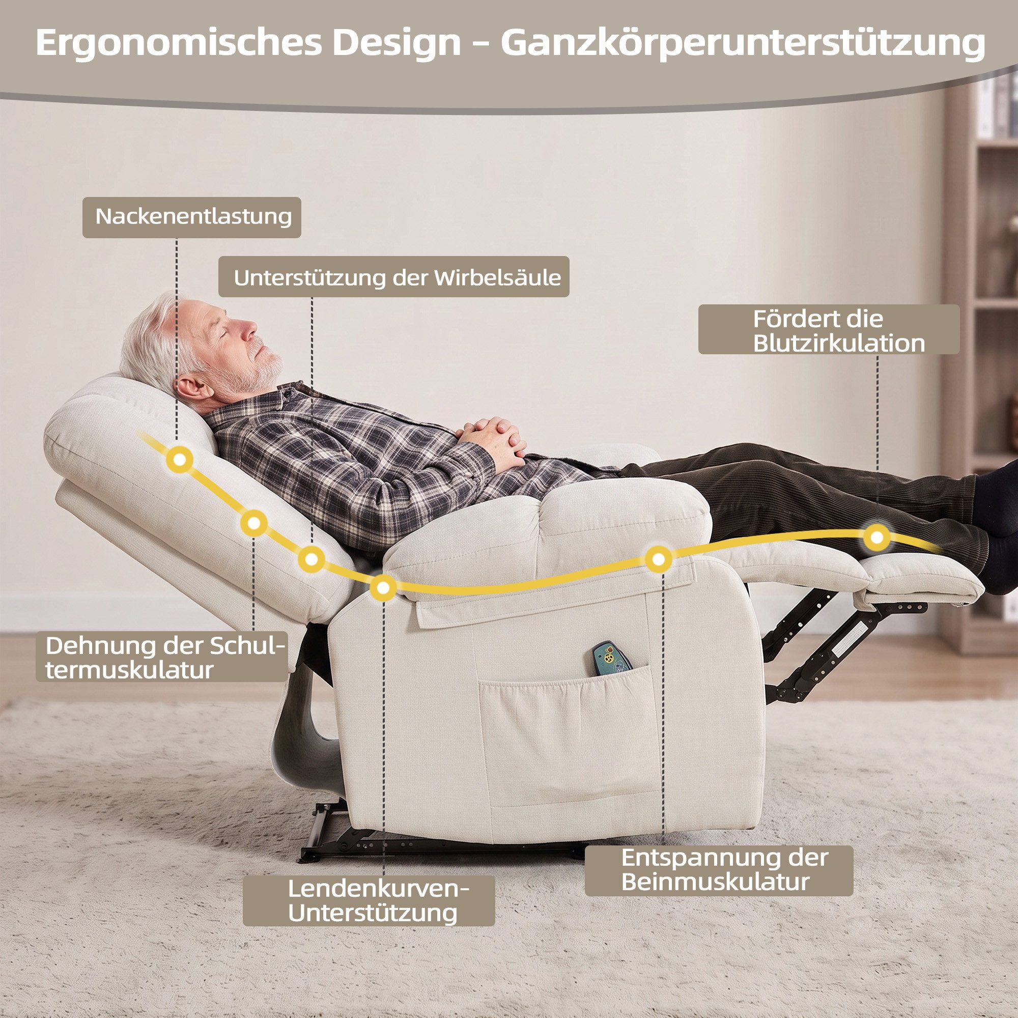 Bonzy Home Massagesessel Relaxsessel mit Massage und Wärmefunktion, verstellbarer Fernsehsessel, Extra breite gepolsterte Armlehnen & praktische Seitentasche – Bild 4 von 5