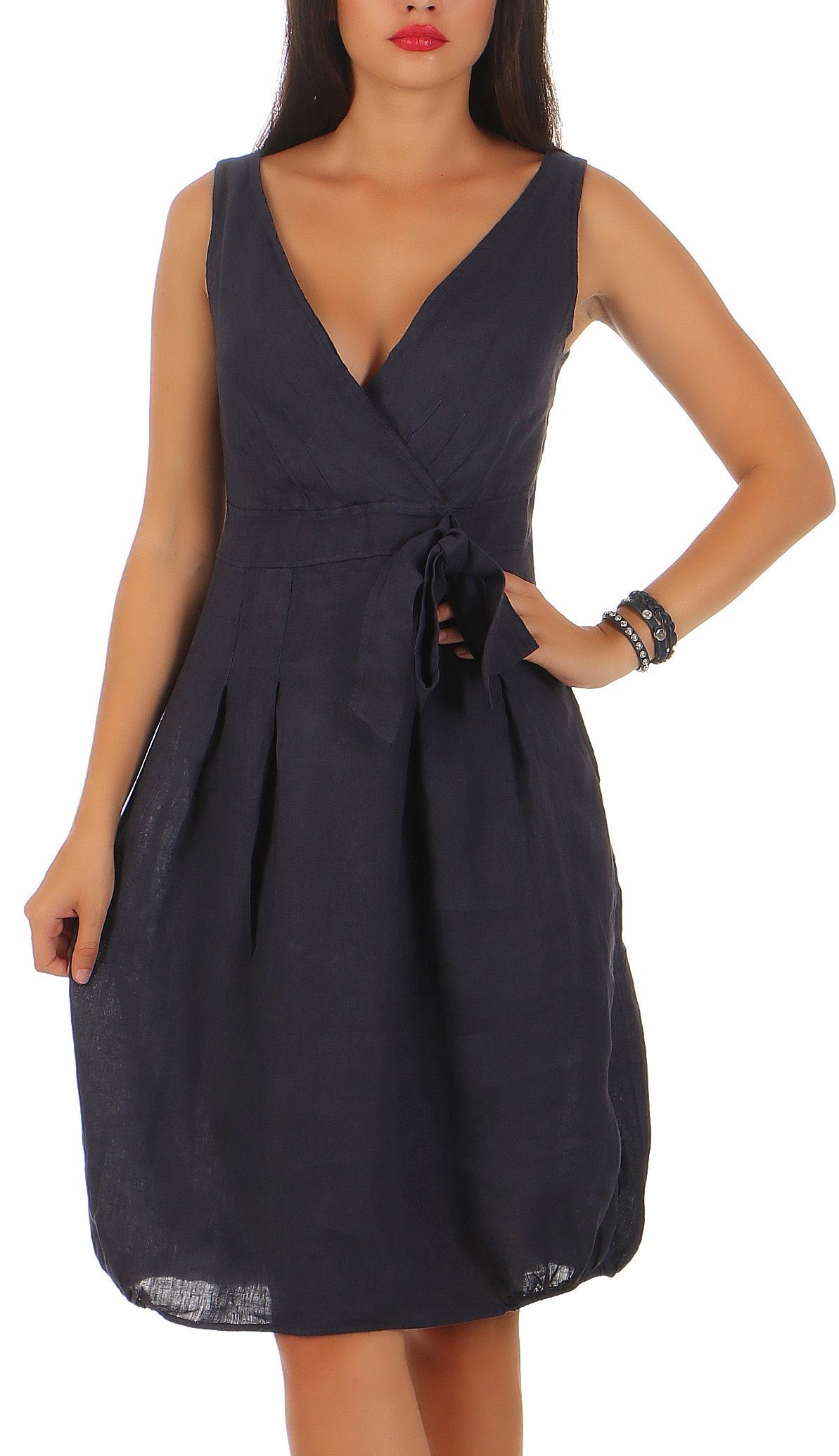malito more than fashion Sommerkleid Damen Leinenkleid 8147 knielanges Sommerkleid Leinenkleid mit V-Ausschnitt