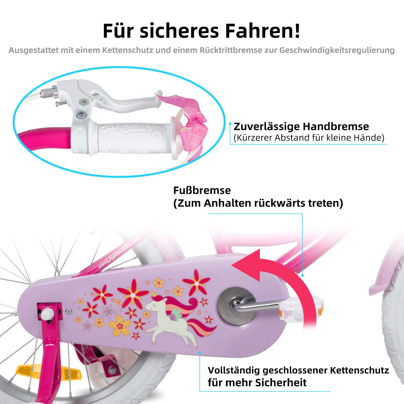 JOYSTAR Kinderfahrrad 12 14 16 18 Zoll Mädchenfahrrad, 2-9 Jahre, Geschenk für Prinzessin, 1 Gang, Puppenradsitz & Stützrädern& Korbstreamer, 18 Zoll mit Stützr – Bild 3 von 5