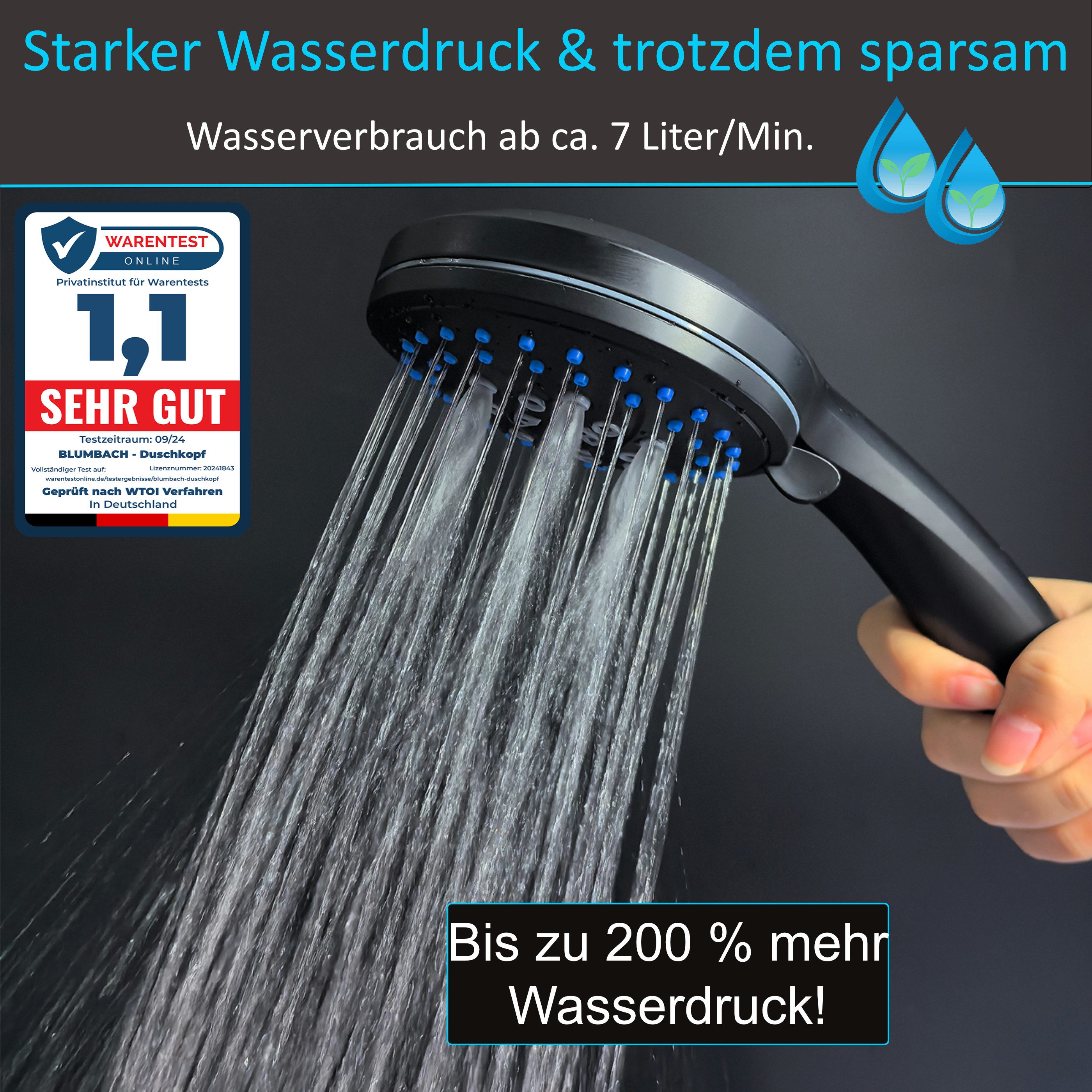 Blumbach Handbrause - Duschkopf Energy Rain, (Hochdruck Duschkopf wassersparend + druckerhöhend), mit 9 außergewöhnlichen Strahlarten – Bild 4 von 5