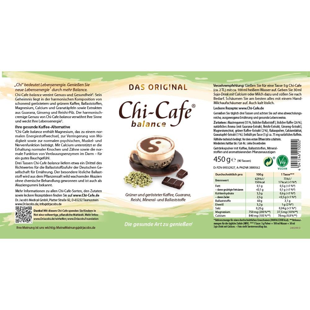 Dr.Jacobs Chi-Cafe balance Dr.Jacob’s 450g Pulver, 0.45 g, Getränkepulver mit Kaffee, Ballaststoffen, Mineralstoffen