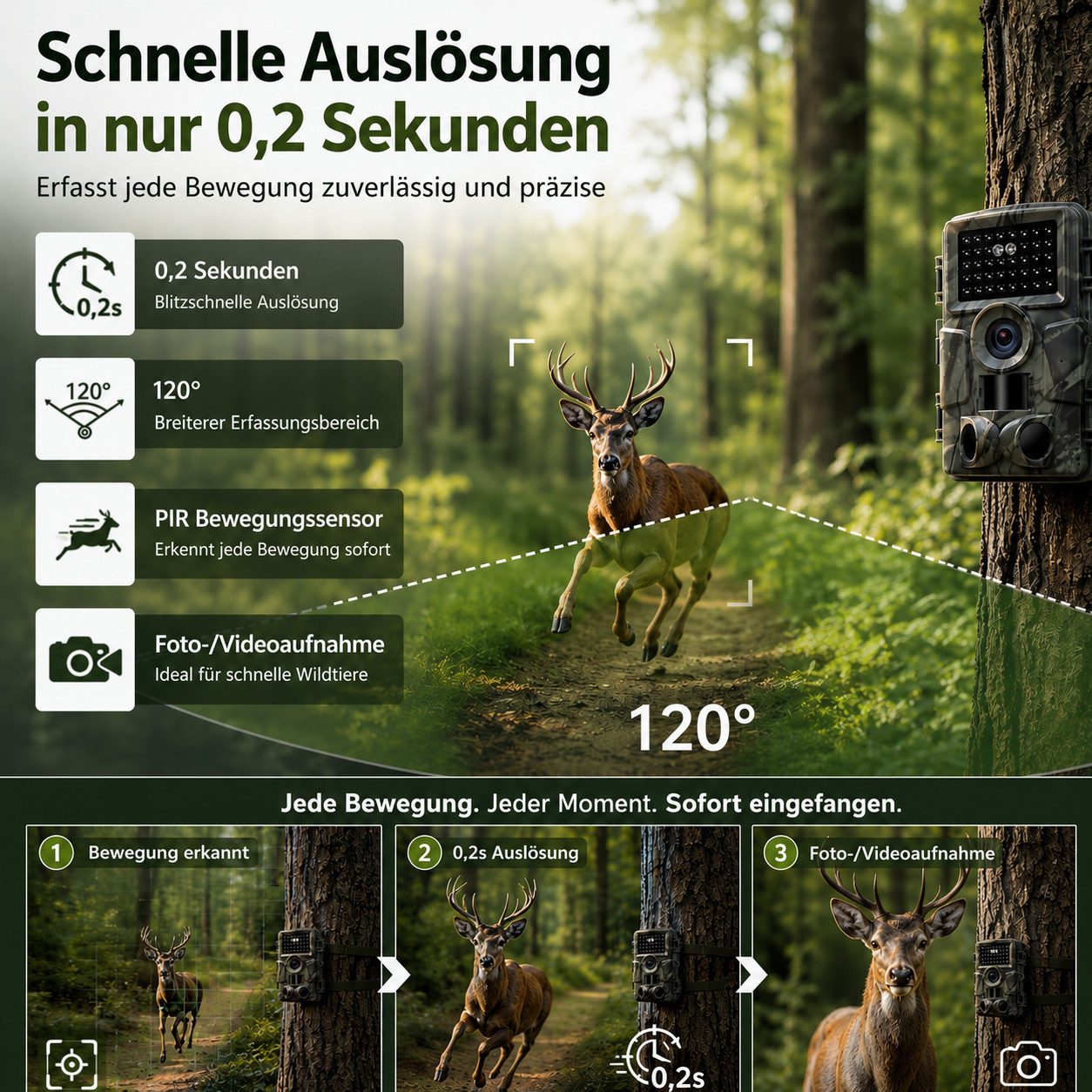 Lisabonde Wildkamera 4K 60MP WiFi, App-Steuerung, IP66 wasserdicht, 0,2s Auslöser & 64GB SD (Außenbereich, Packung, Inklusive 64GB microSD-Karte, WiFi & App-Ste – Bild 4 von 5