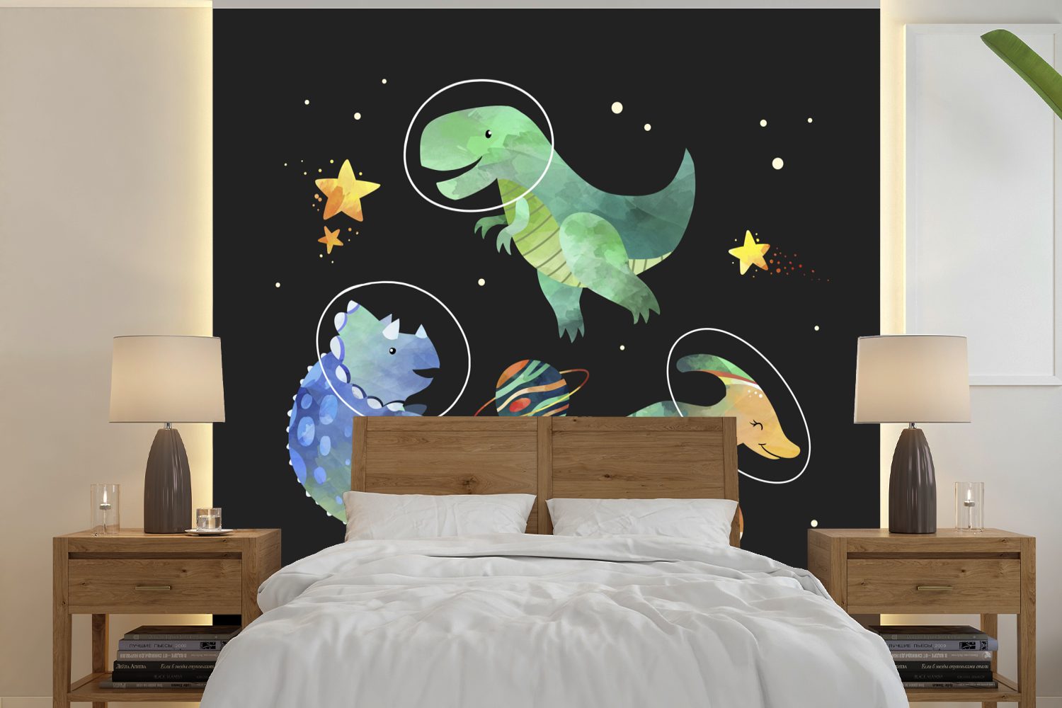 MuchoWow Fototapete Weltraum - Dinosaurier - Sterne - Kinder - Kinder - Kinder, Matt, bedruckt, (5 St), Vinyl Tapete für Wohnzimmer oder Schlafzimmer, Wandtapete
