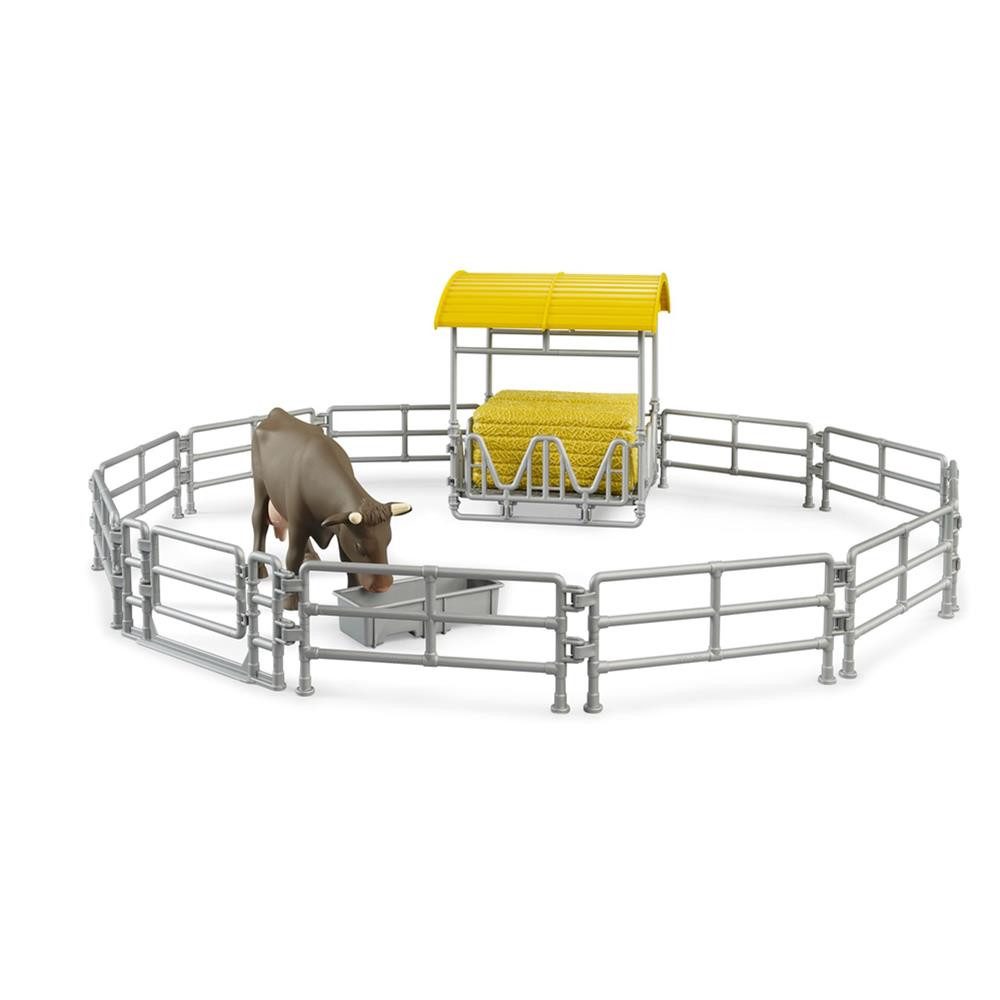 Bruder® Spielwelt Zubehör 62612 Heuraufe mit Zäunen und Trog Spielzeug Bauernhof Set, Rind Futterraufe Quaderballen Weidezaun bworld Landwirtschaft