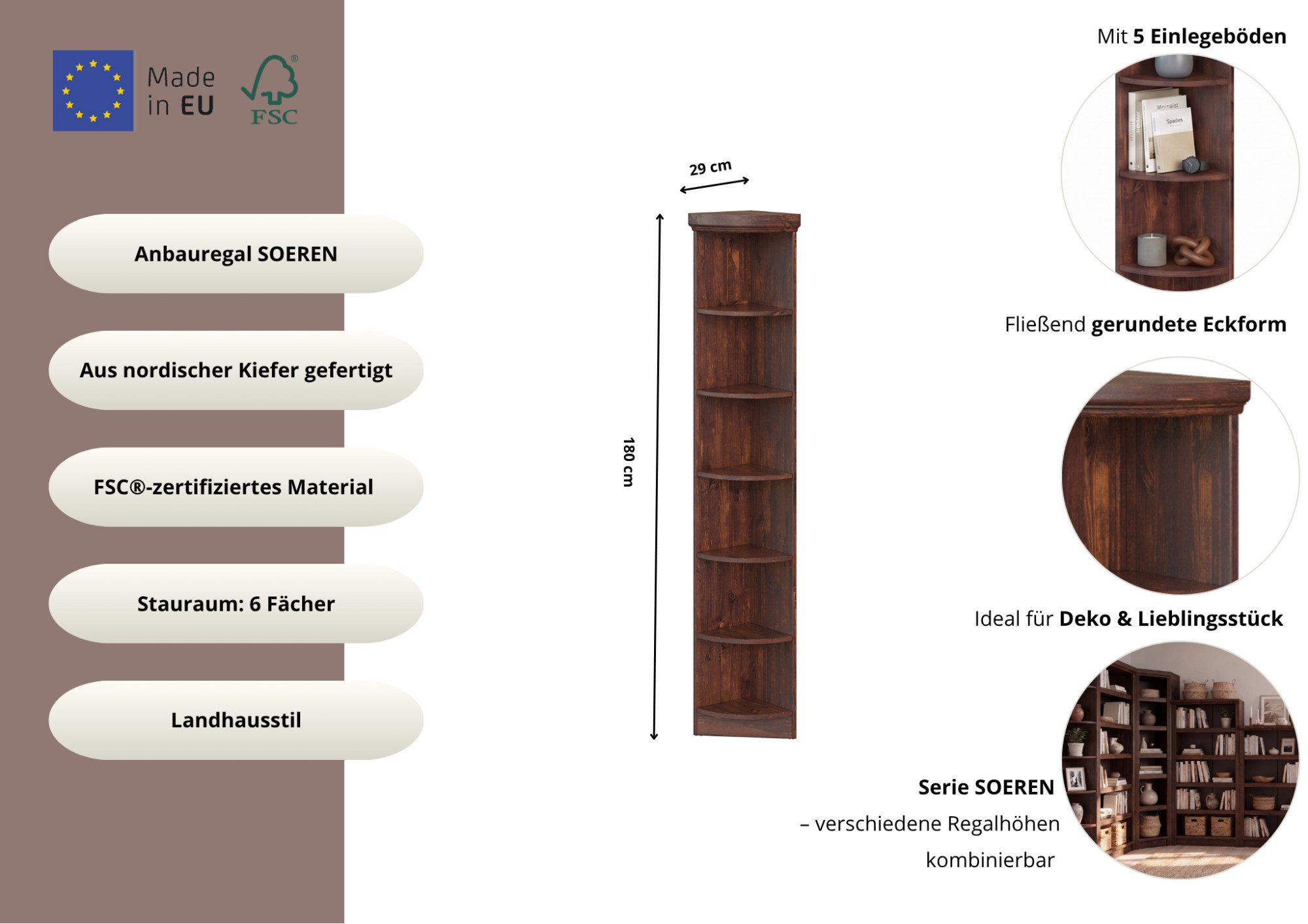 OTTO home Anbauregal Soeren Abschlussregal Höhen 97 bzw. 220 cm, aus massiver Kiefer, passend für Tiefe 29 cm, FSC®-zertifiziert – Bild 3 von 5