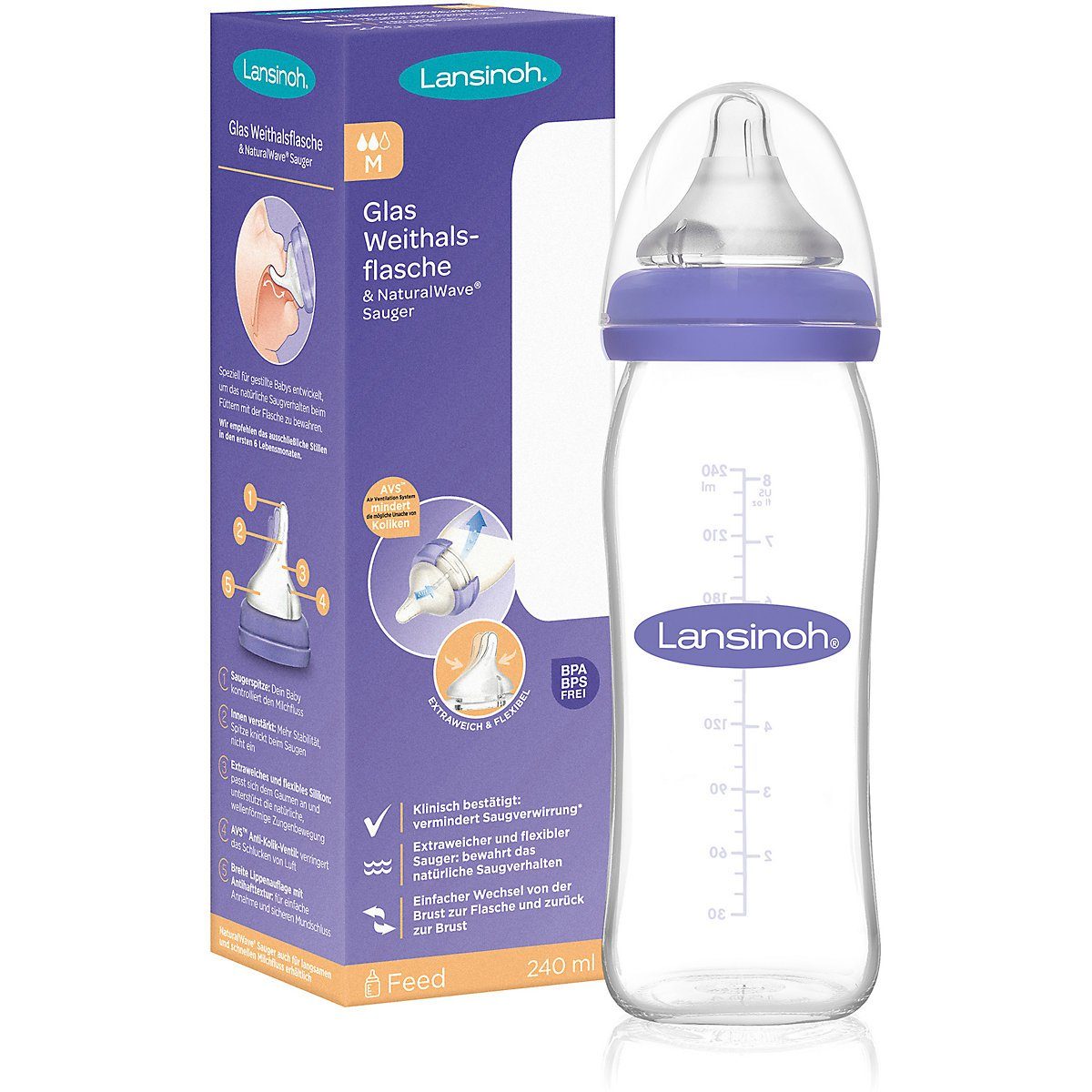 Lansinoh Babyflasche Weithalsflasche mit NaturalWave™ Sauger Gr. M