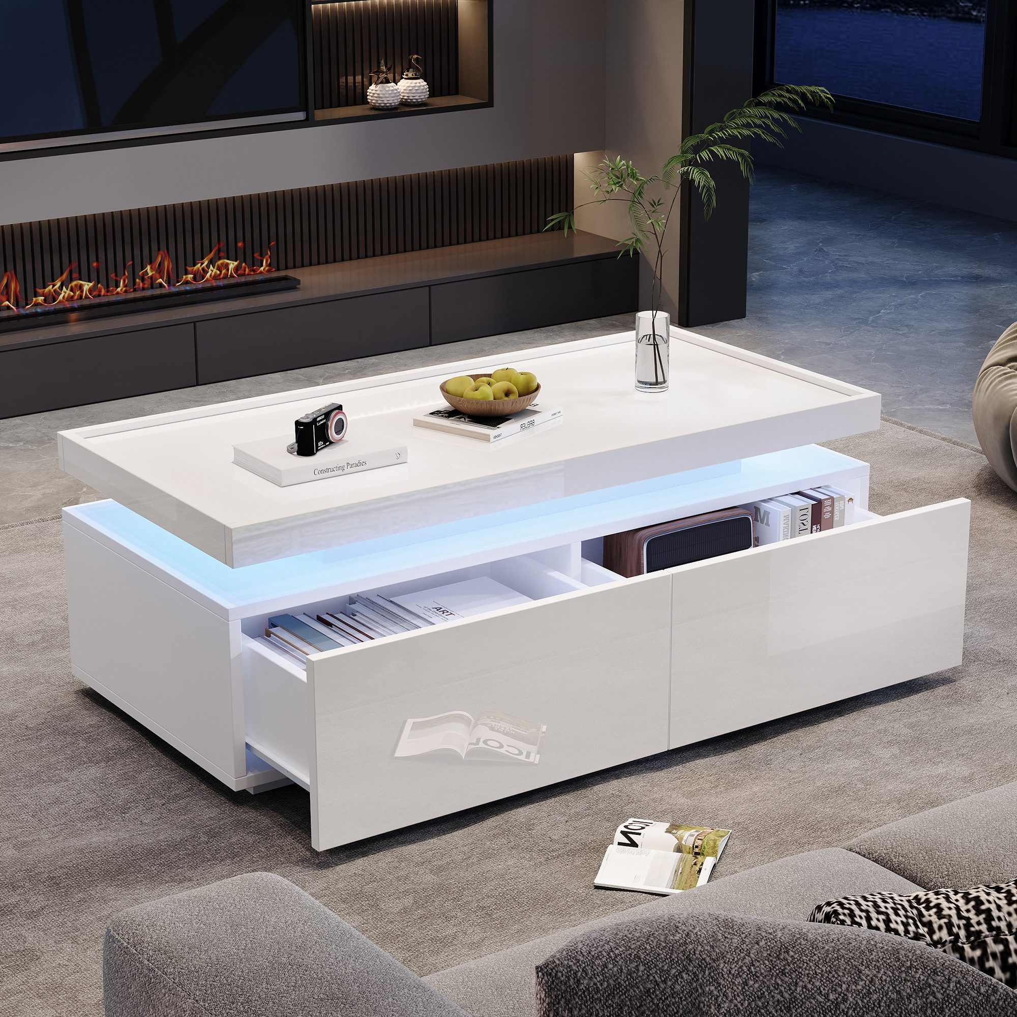 Merax Couchtisch Couchtisch hochglanz Sofatisch Beistelltisch mit LED-Beleuchtung (1-St., 1 Tisch), Wohnzimmertisch mit 2 Schubladen & Ablage, inkl. App, 95x45x – Bild 4 von 5