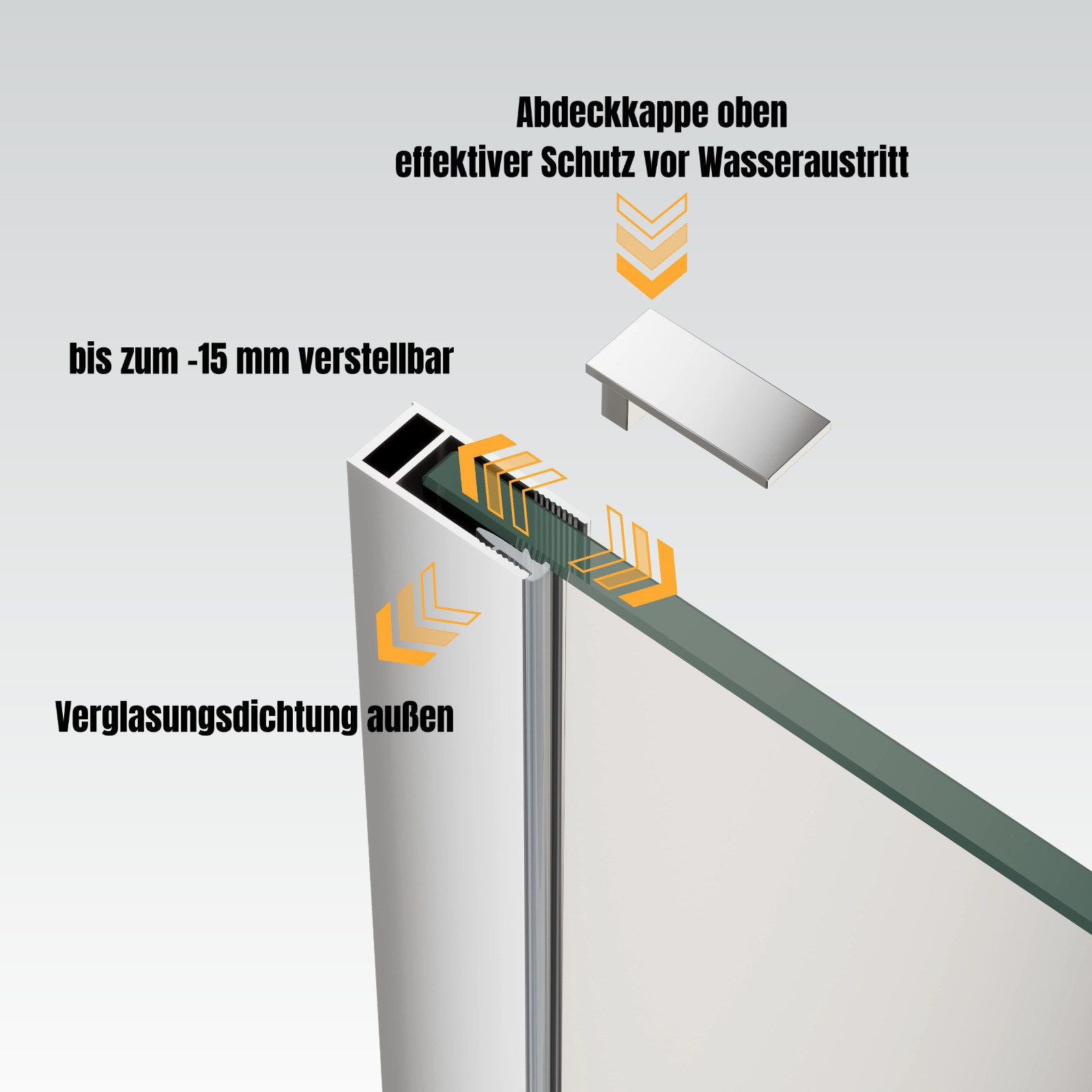 WITEN&NOCK Duschwand 195/200cm Wandanschlussprofil U-Profil für 8mm Glas Duachkabine