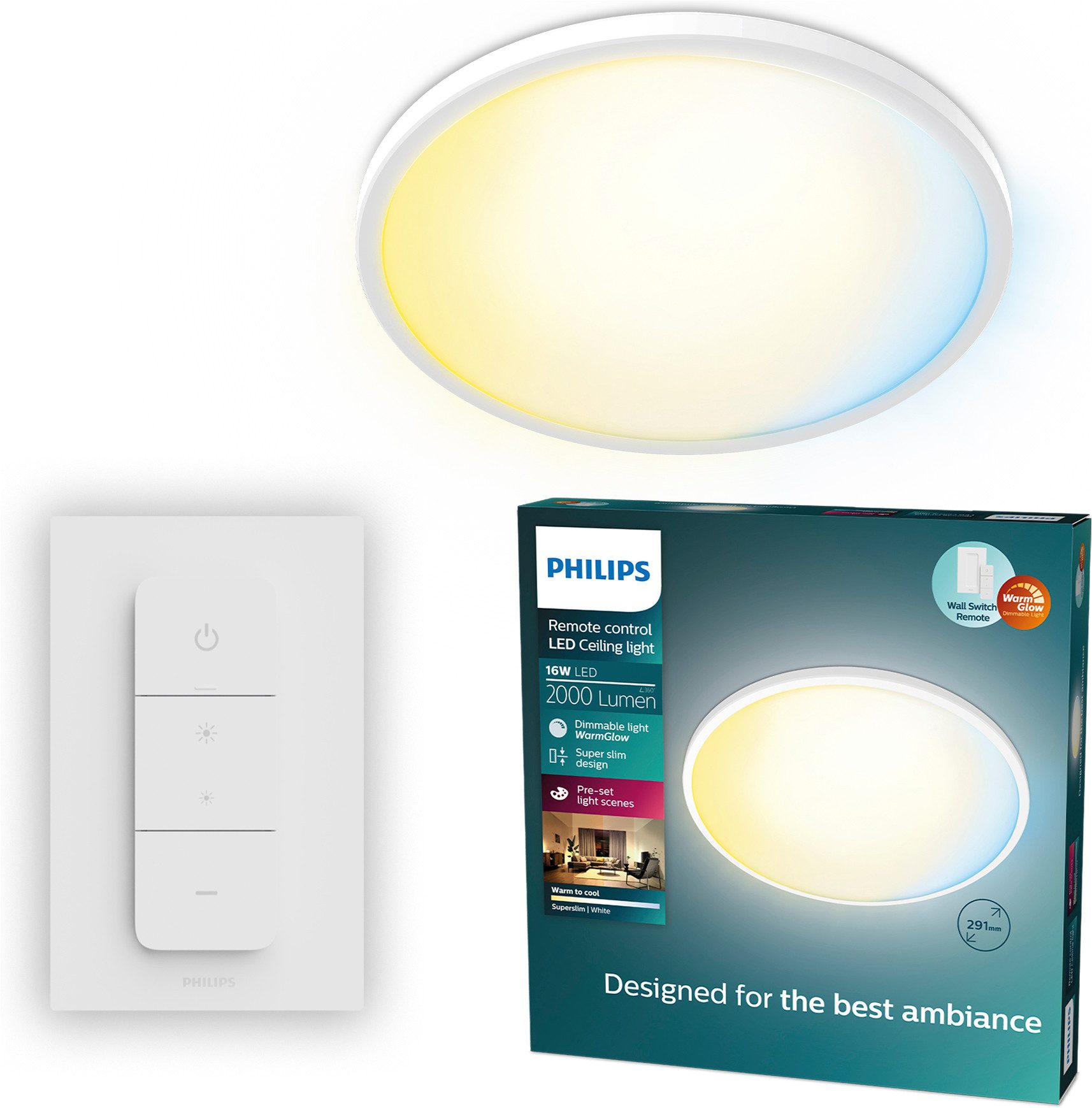Philips LED Deckenleuchte Superslim All-in-one, 16 W, rund, Schwarz, CCT - über Fernbedienung, Dimmer, Dimmfunktion, Farbsteuerung, Fernbedienung, Infrarot inkl., Memoryfunktion, dimmbar über Fernbedienung, mehrere Helligkeitsstufen, LED fest integriert,
