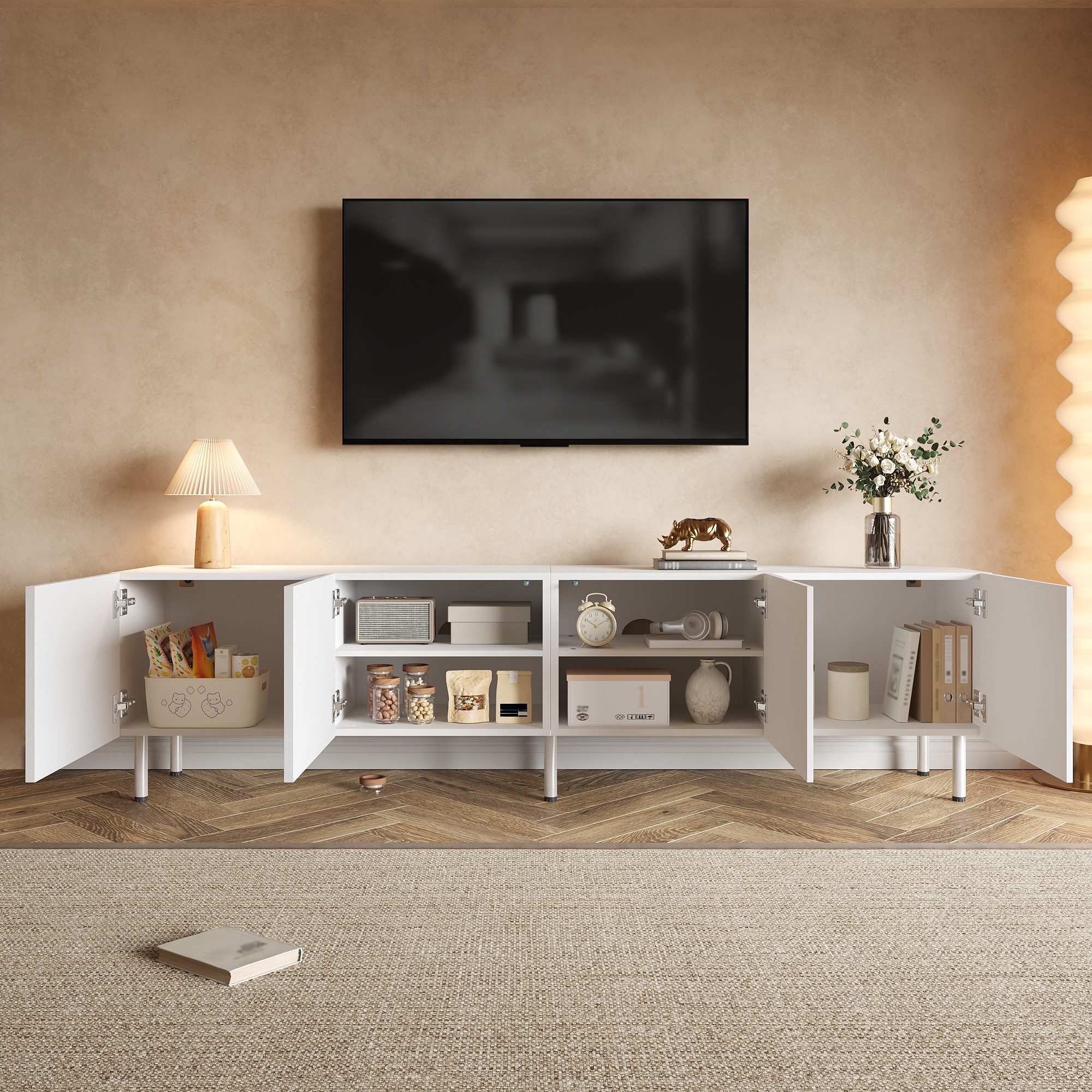 HAUSS SPOLE TV-Schrank mit Metallfüße,Lowboard Push-to-Open,Fernsehtisch mit Regal & 4 Türen (TV-Möbel Wohnzimmer-Medienkonsole mit Kabelmanagement und dreidimensionalen geschwungenen Linien) Fernsehschrank mit 4 Türen & Push-to-Open-Funktion