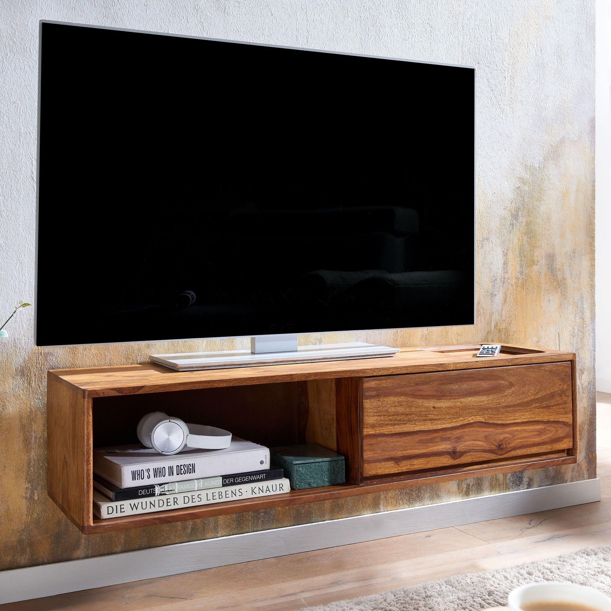 furnicato Lowboard TV-Unterschrank Massivholz Walnuss Finish 108x25x34 cm Braun (1 St), Handgefertigte Fernsehkommode mit Schublade und Ablagefach