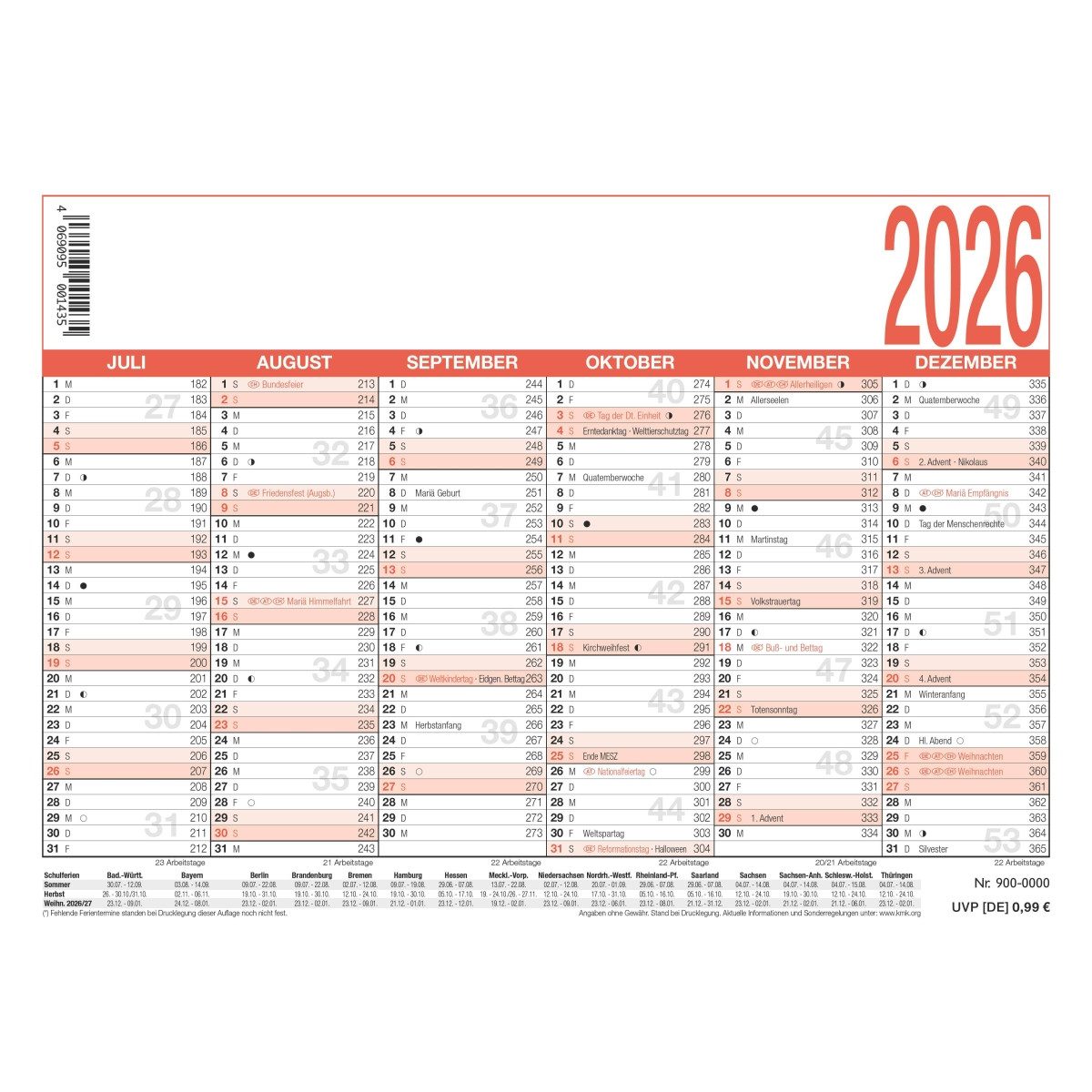 ZETTLER Terminplaner Arbeitstagekalender 900 A6 14,8x10,5cm 2026