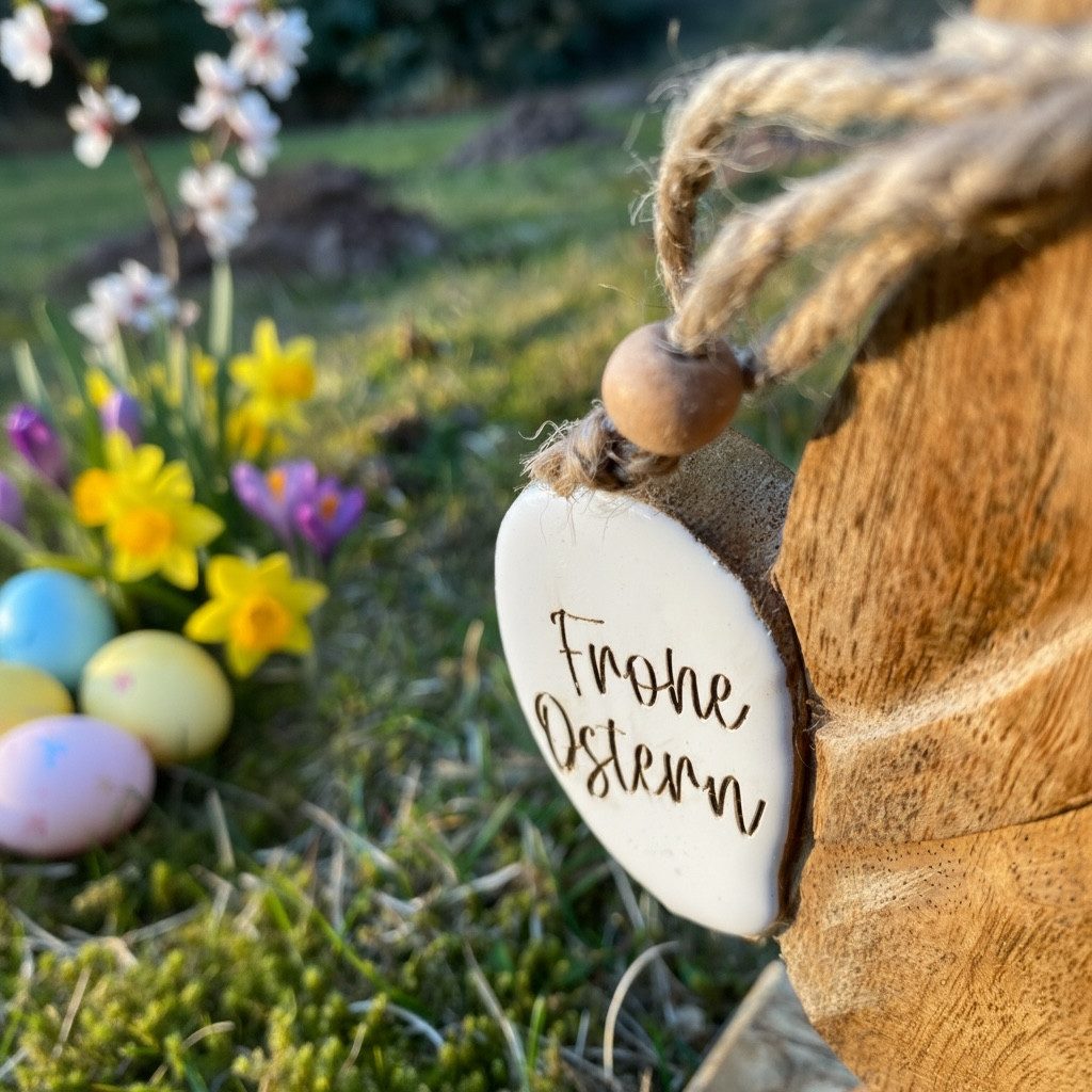 Wurm Osterhase Holz-Osterhase mit Osterei „Frohe Ostern“ – Natur pur für dein Zuhause