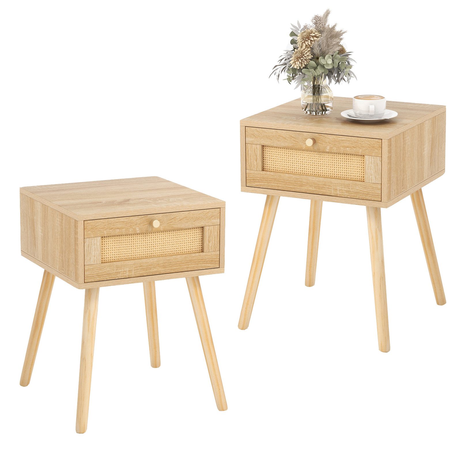 COSTWAY Nachttisch (2-St), mit Schublade und Rattan-Design, Eiche, 40x40x55 günstig online kaufen