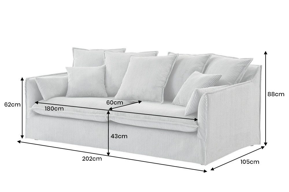riess-ambiente 3-Sitzer HEAVEN 200cm hellgrau - Cord, Federkern, Polster, abnehmbarer Bezug, Einzelartikel 1 Teile, Großes Hussensofa inkl. Kissen - ideal für große Wohnzimmer & Familien