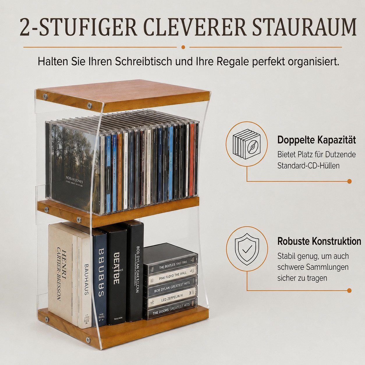BlingBin CD-Regal 2 Ebenen CD-Aufbewahrung aus Holz und Acryl, CD-Ständer für bis zu 30 CDs 1-tlg., kompakter Medien-Organizer für Regal, Schreibtisch und Musikzimmer