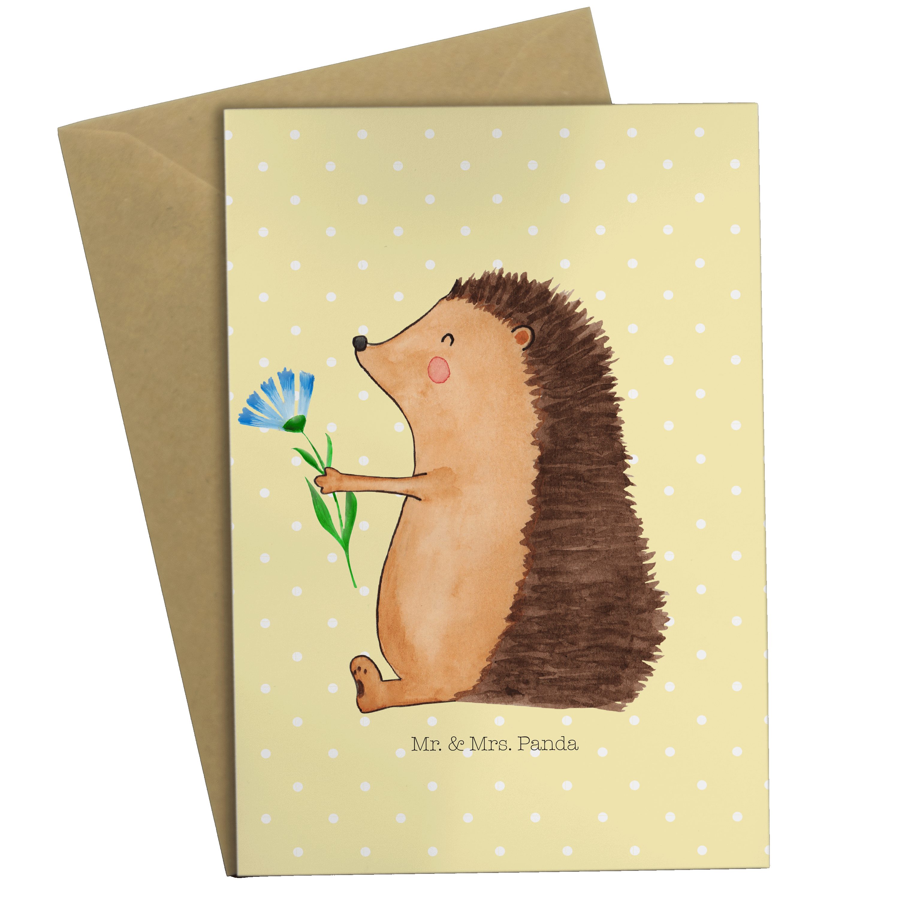 Mr. & Mrs. Panda Grußkarte Igel mit Blume - Gelb Pastell - Geschenk, Gute Laune, Krankenhaus, lu