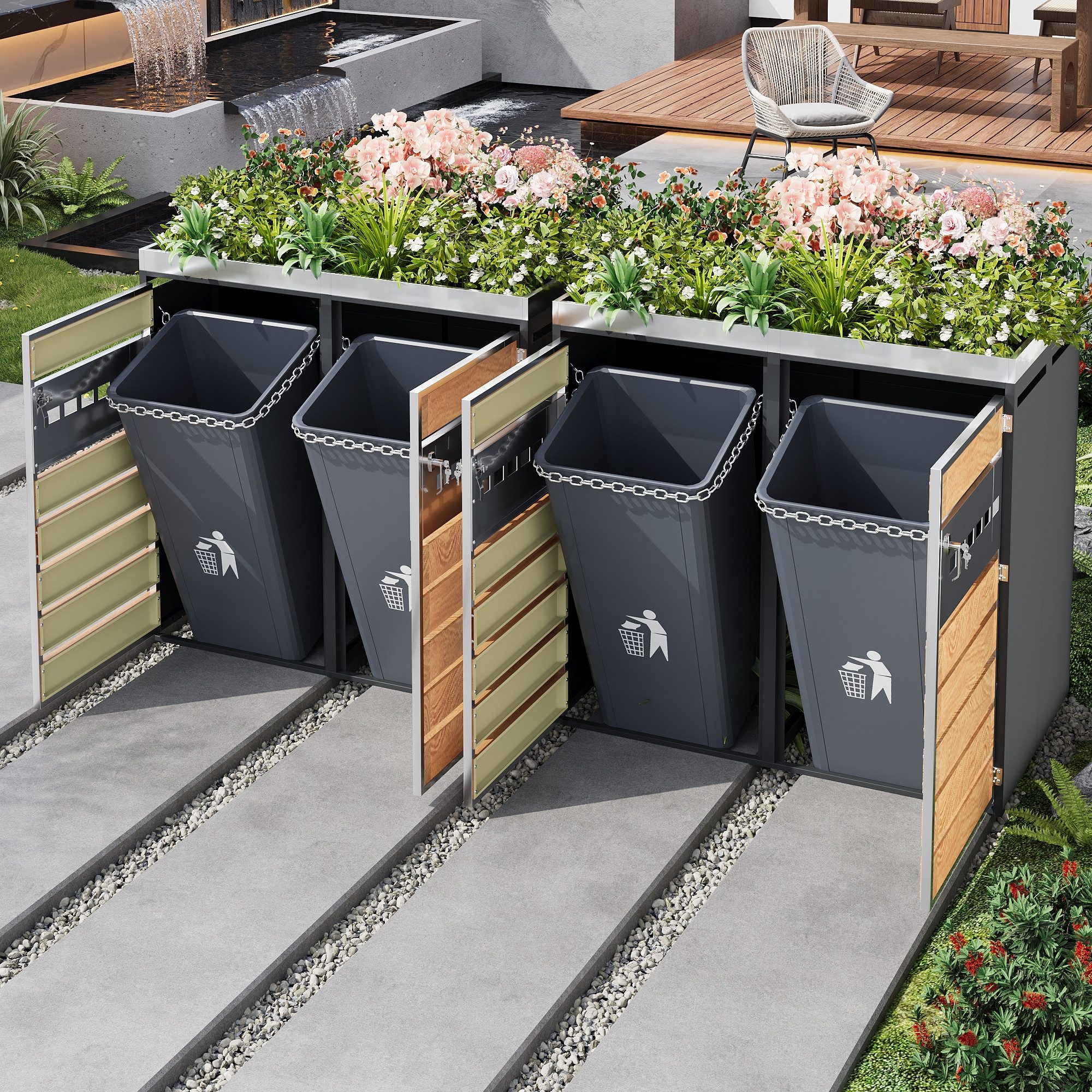 MODFU Mülltonnenbox Belüftungssystem, Staufächer inklusive, ohne Mülltonne (Set, 4 St., Ordnungssystem für Garten & Terrasse), Müllbox abschließbar mit vier Türen & Pflanzfläche