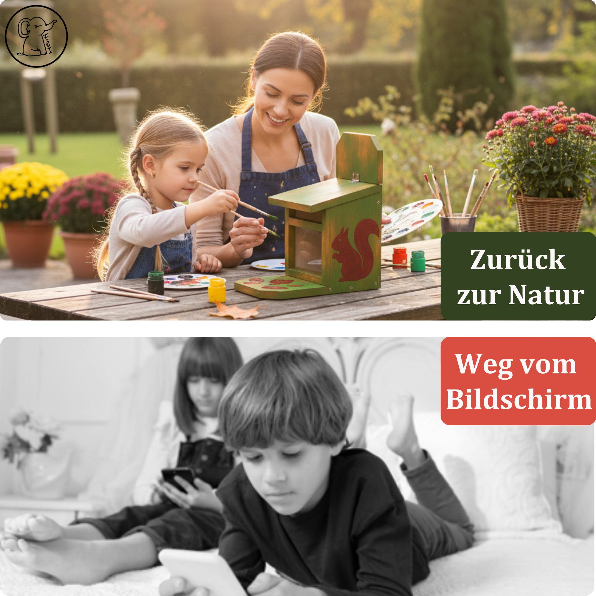 Eli Eichhörnchenkobel Futterhaus - Bausatz für Kinder zum bemalen inkl. Vorlagen, 6 Farben - Pinsel, Holzhammer - Nägel - kreative Schablone