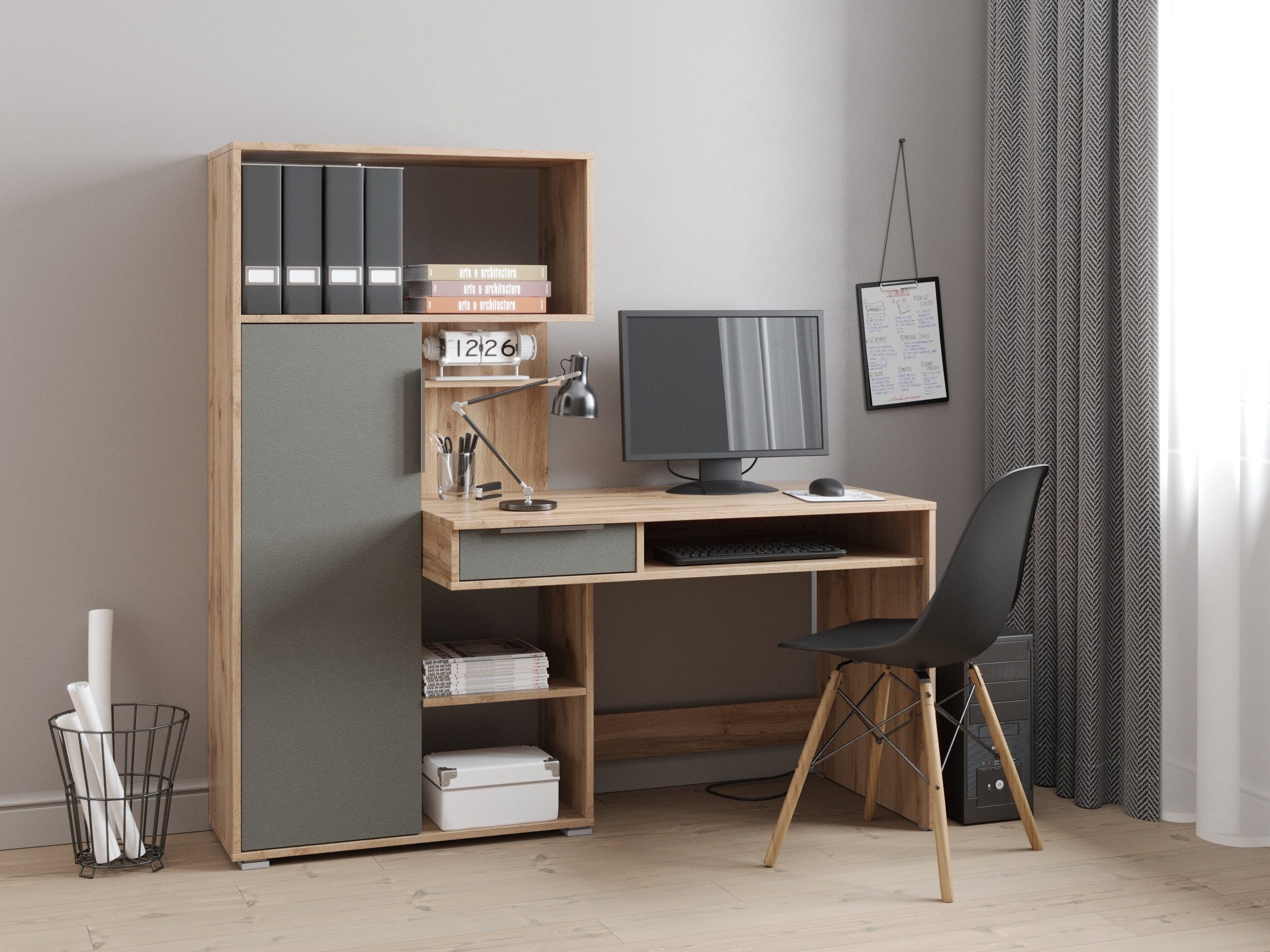 Raumhirsch Furniture Schreibtisch Computertisch, Bürotisch, Arbeitsplatz, Büroschreibtisch (Maße: 150 x 149,3 x 92,3 cm (1 Schublade, 1 Tür, offene Fächer), Tastaturablage, Rollenauszüge, stabile Konstruktion, einfache Montage