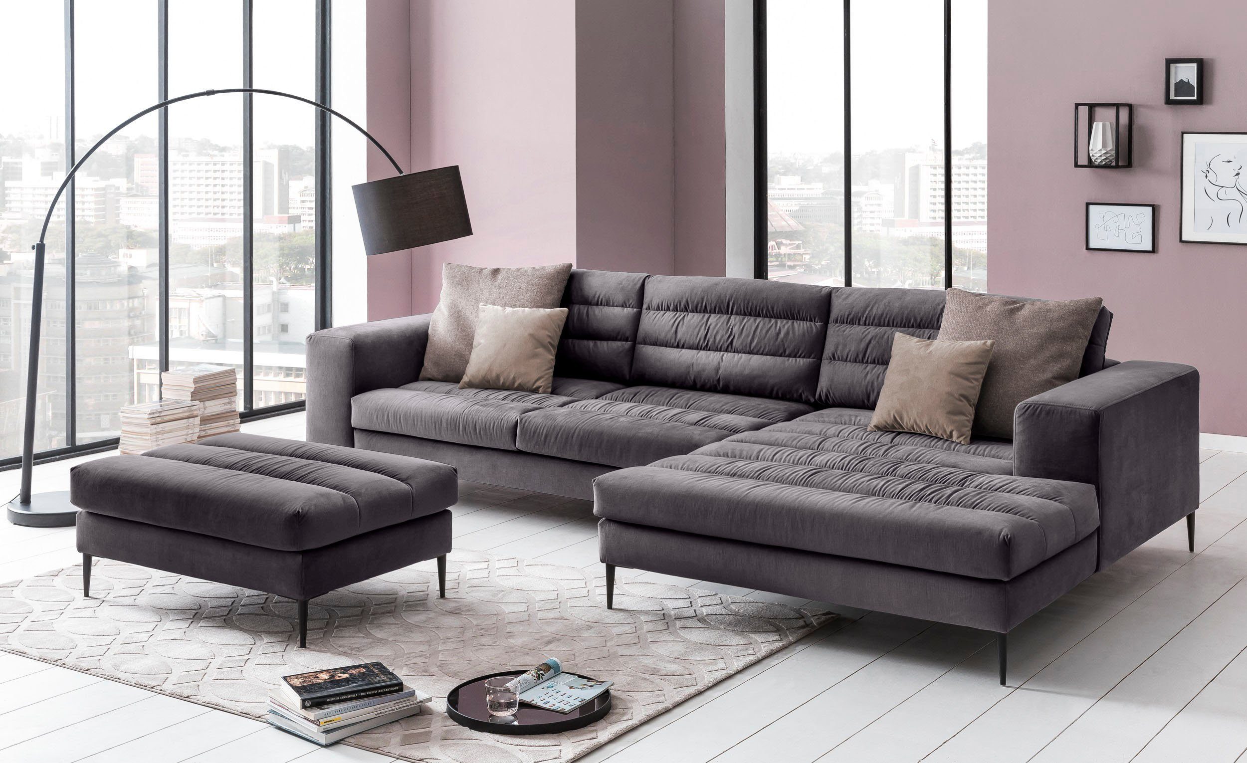 hohem und Ecksofa extra mit Recamiere aus Arabella, breiter TRENDMANUFAKTUR grau Metall Sitzkomfort, Füße