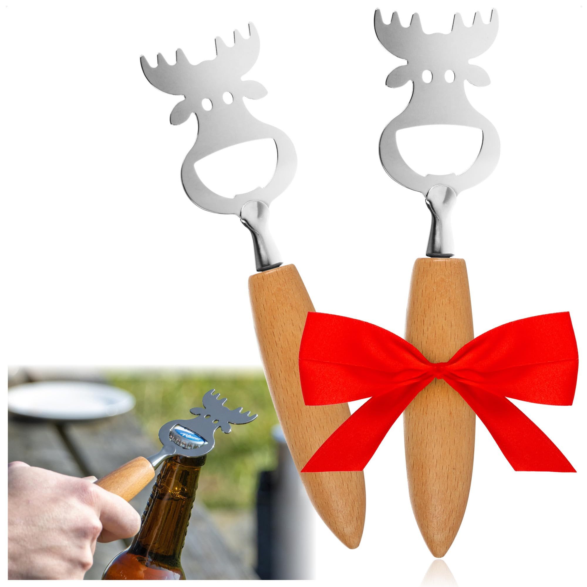 com-four Flaschenöffner Flaschenöffner aus rostfreiem Edelstahl mit Buchenholz-Griff (2-tlg), Kapselheber im Elchkopf-Design