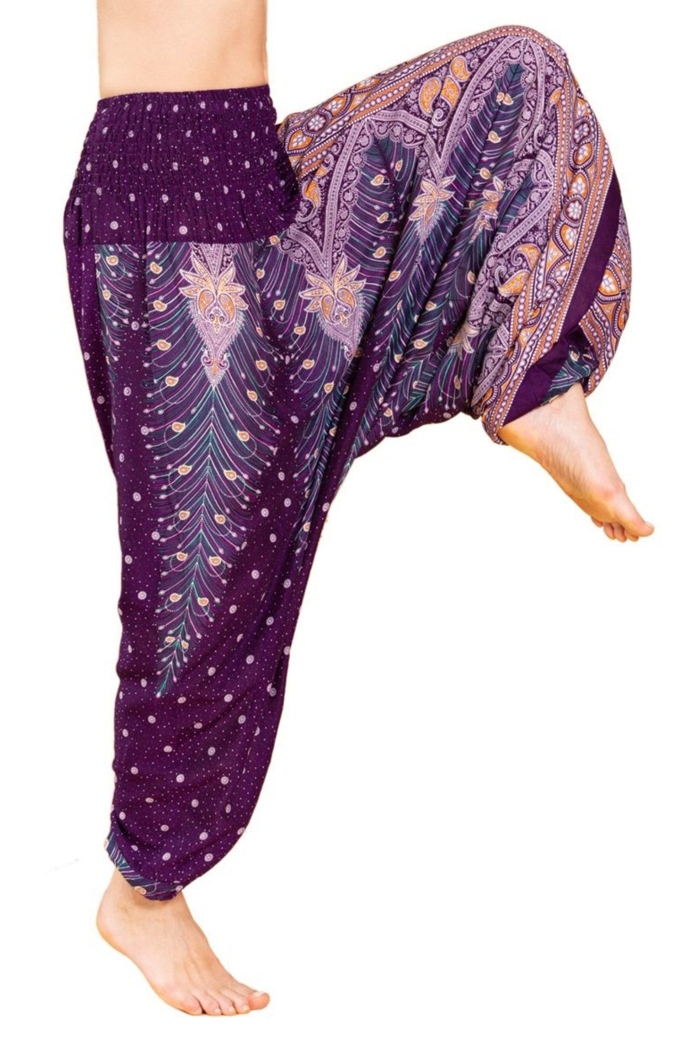 PANASIAM Haremshose Aladinhose im schönen Peacock Design Haremshose aus 100% natürlicher Viskose auch als Overall tragbar Damen Pumphose bequeme Freizeithose