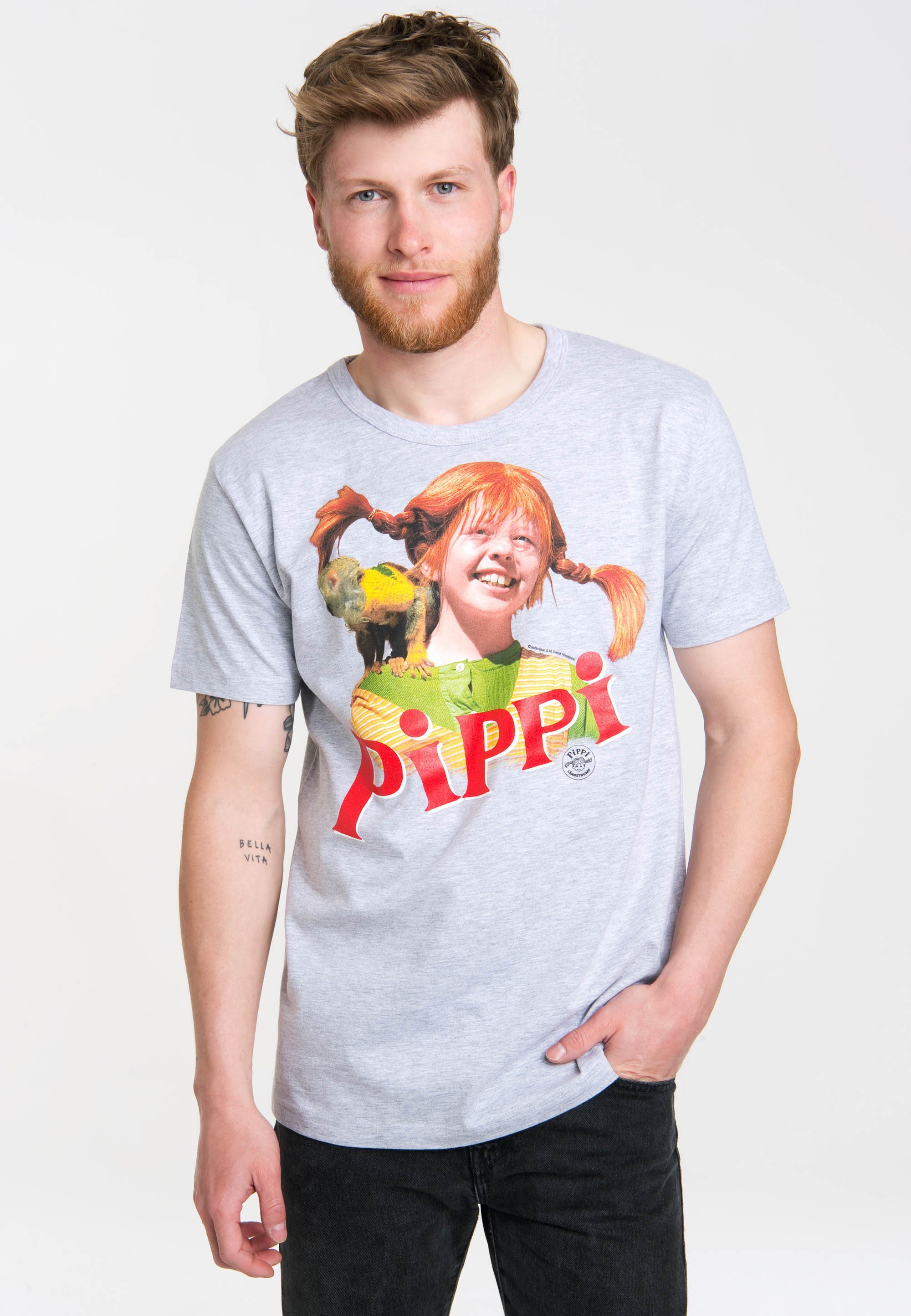 - mit Herr Frontprint coolem T-Shirt Langstrumpf Äffchen LOGOSHIRT Nilsson Pippi