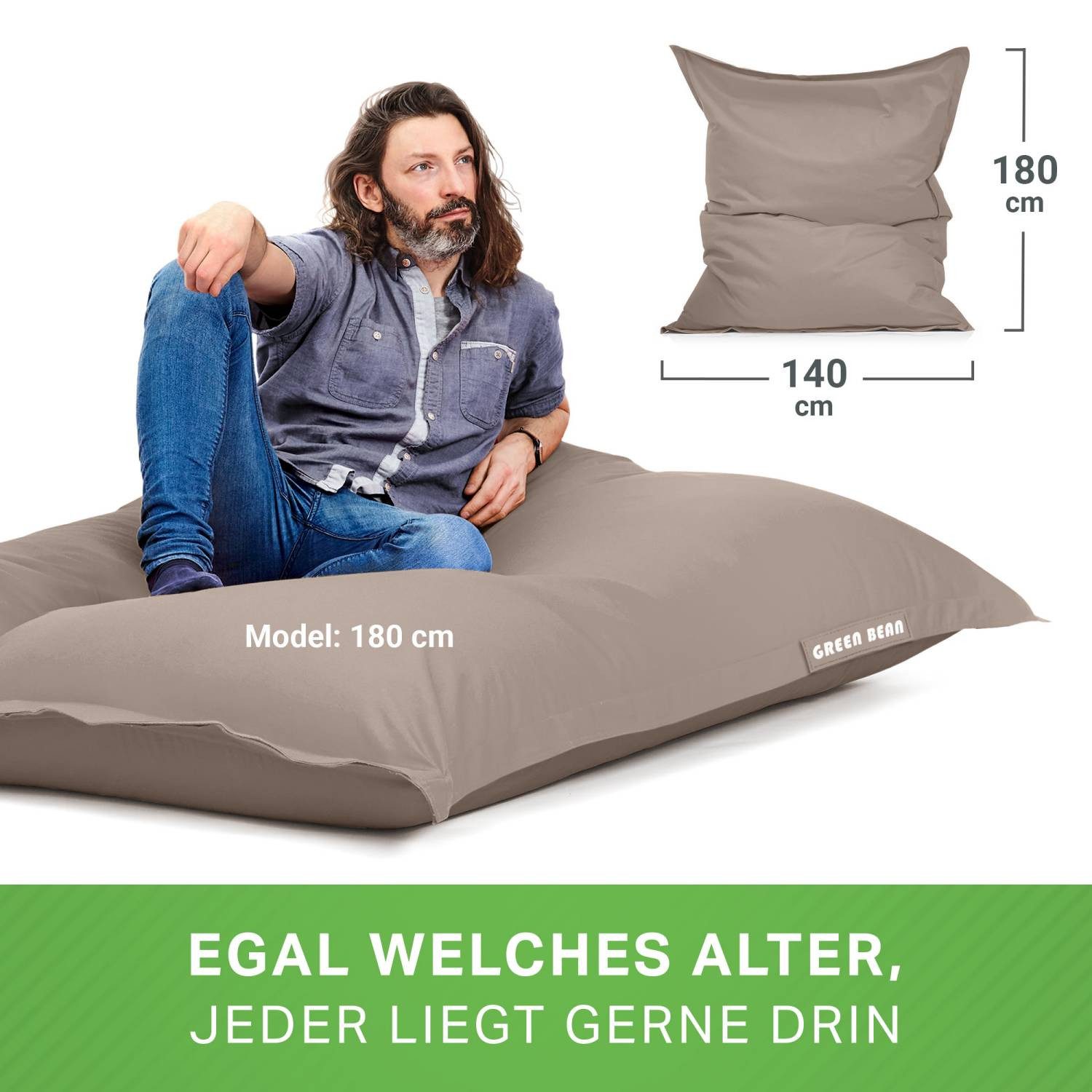 Green Bean Sitzsack XXL Outdoor Sitzsack Square 140x180cm (XXL Riesensitzsack 140x180cm 380 Liter Kinder & Erwachsene Bean Bag EPS Perlen Füllung, Groß Draußen  – Bild 5 von 5