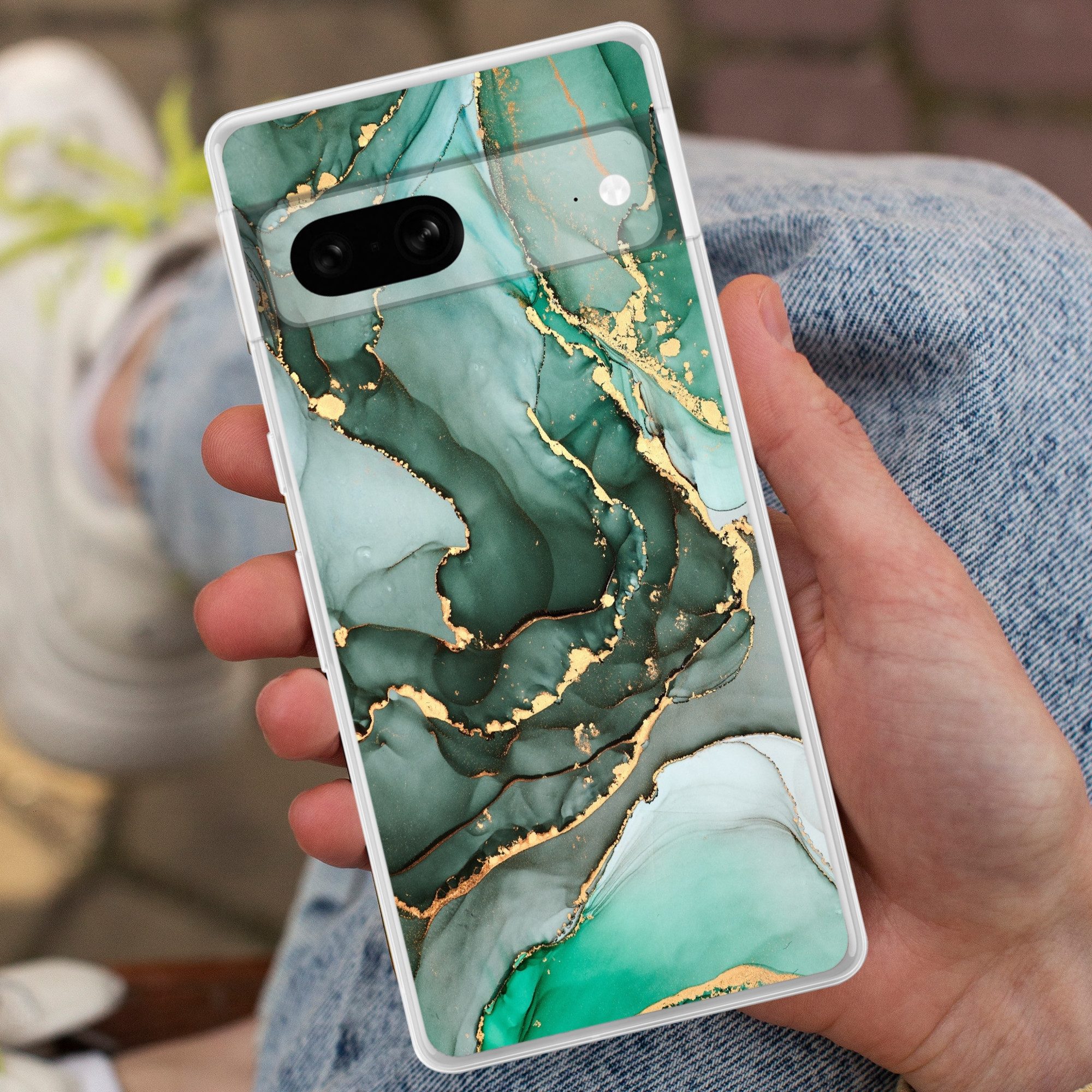 MuchoWow Handyhülle für Google Pixel 7 Gold - Marmor - Grün - Luxus - Marmoroptik - Grau, Phone Case, Silikon, Schutzhülle Dünn