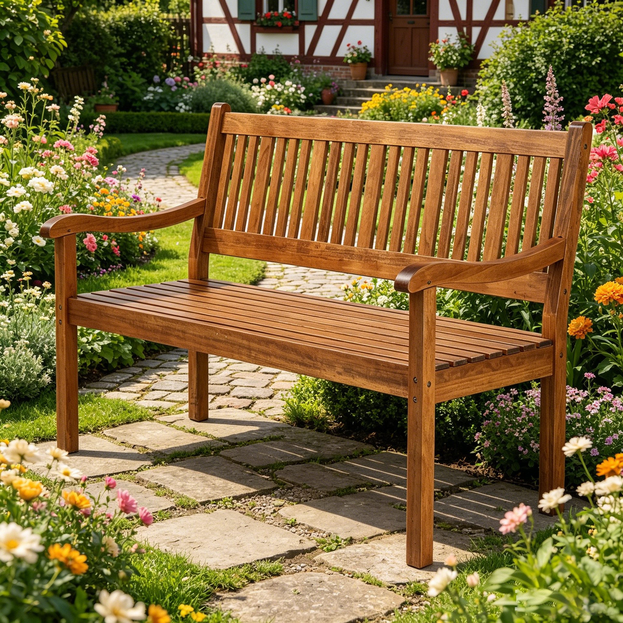 LEADZM Gartenlounge-Bank Gartenbank, Holzbank, Bank mit Rücken- & Armlehnen, Gartenbank