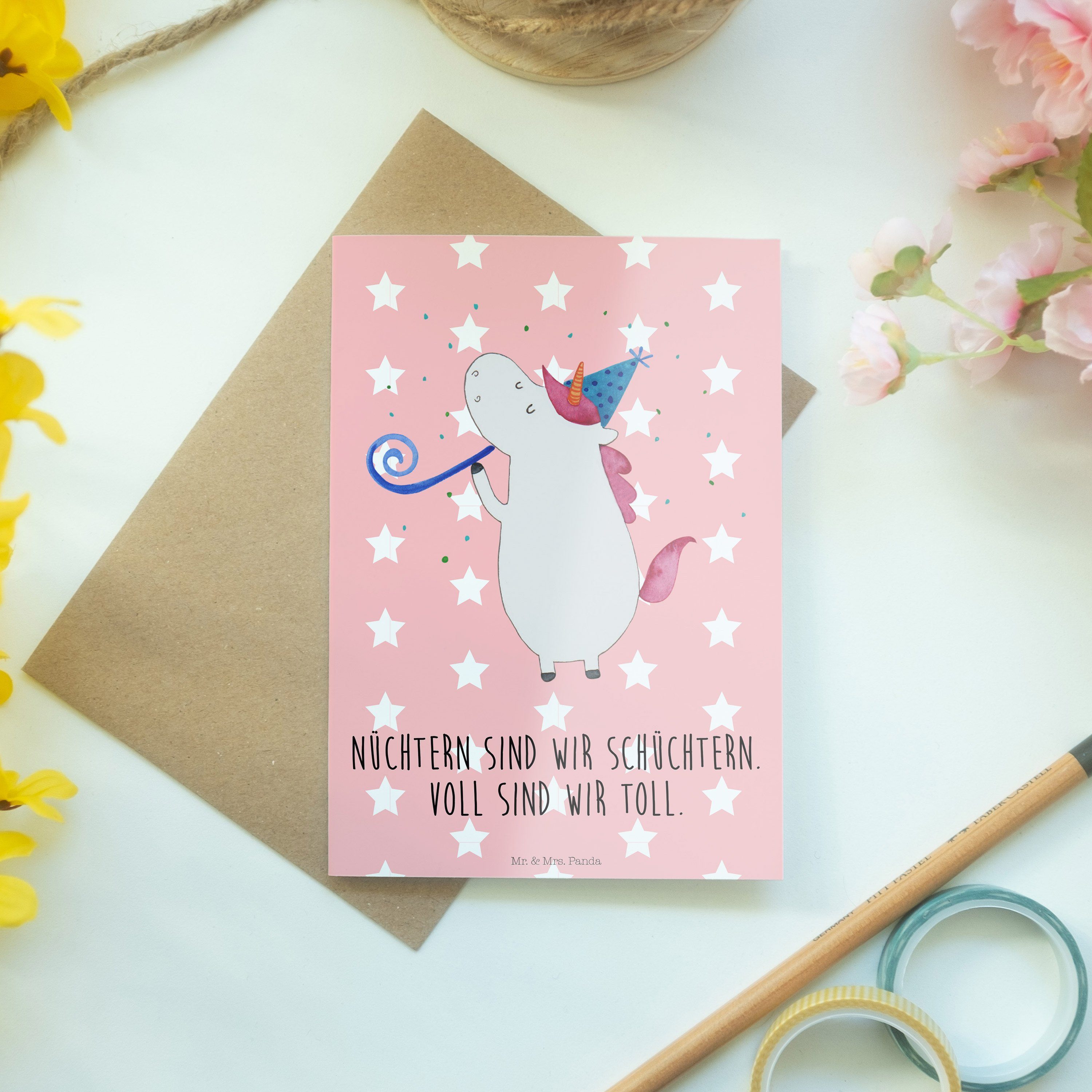 Einhorn Mrs. Unicorn, Pastell Grußkarte Rot Panda Mr. & Party Ho - Geburtstagskarte, - Geschenk,