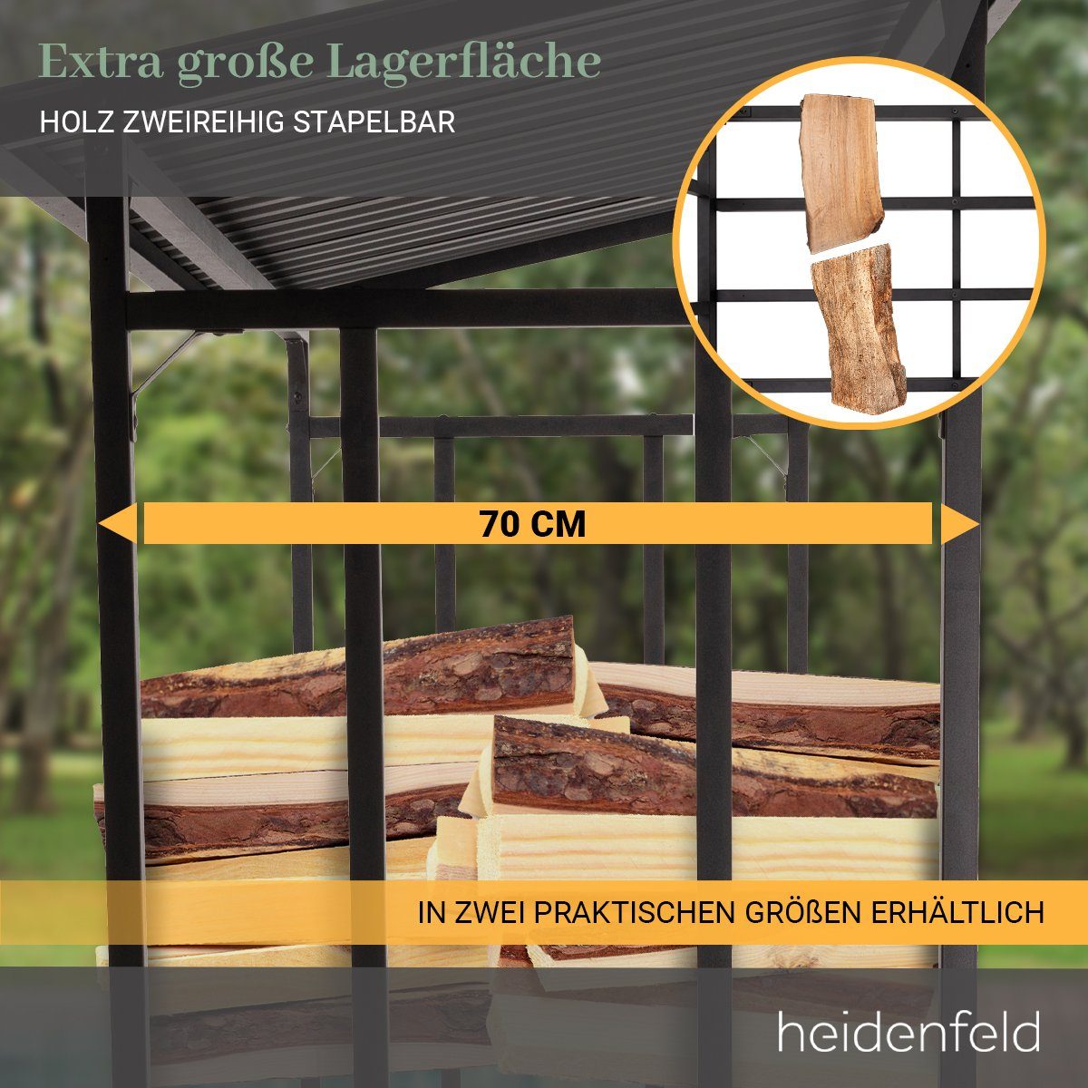 Holzstapelhilfe BxTxH:135x70x165 kg, außen für Wetterbeständig, Brennholzregal Feuerholzregal innen, Heidenfeld Holzunterstand Stahl, Stoß- Stahl 2250 Kratzfest), Max. cm, und Welldach, 1-St., (Kaminholzregal Kaminholzständer BR100, Kaminholzregal und Belastung